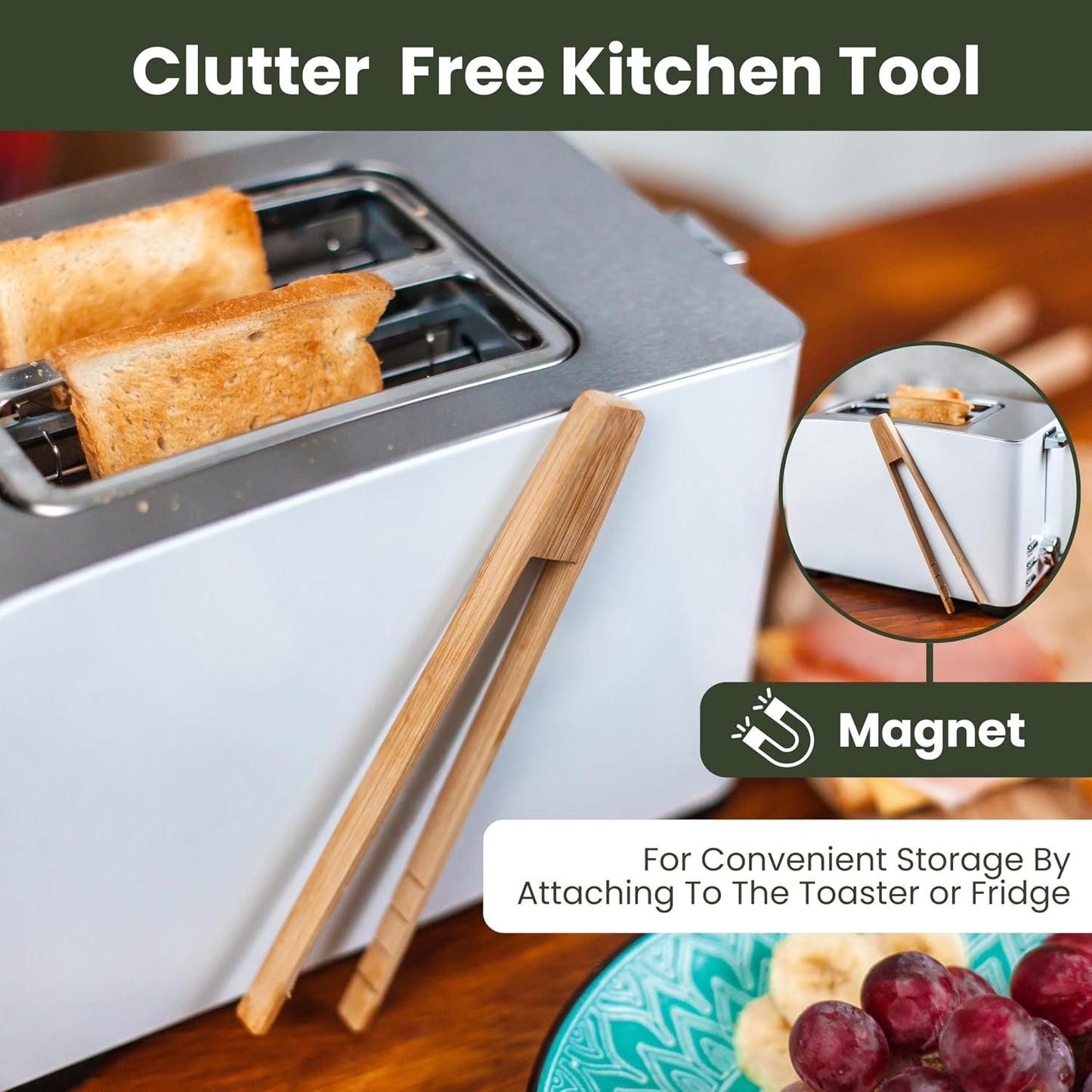 Toaster Tongs With Magnet | Kitchen Utensils For Cooking and Holding Toast Bacon Muffin Bagel Bread | 8 Inch Long Natural Non Toxic Bamboo