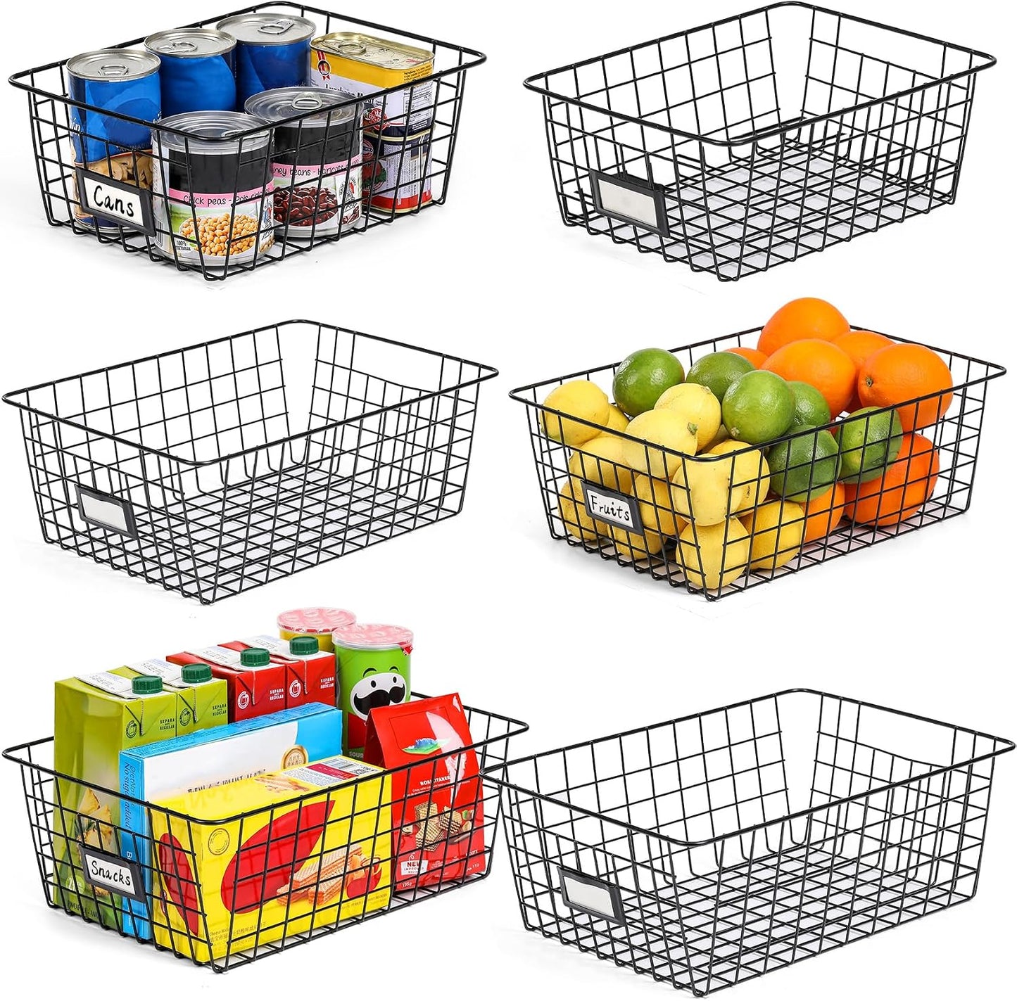 6 Pack Wire Baskets for Pantry Organization and Storage, Kitchen Organizer, 2 XXLarge & 2 XLarge & 2 Large