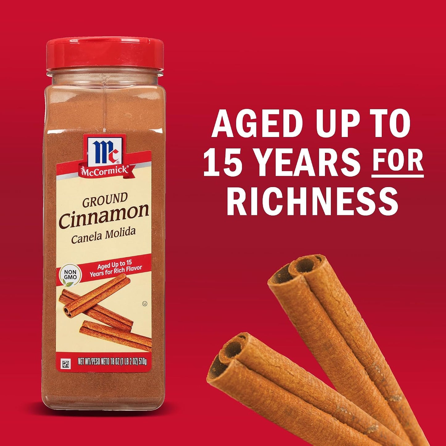 McCormick Ground Cinnamon, 18 oz, premium quality, non GMO, aged up to 15 years, sweet and savory dishes