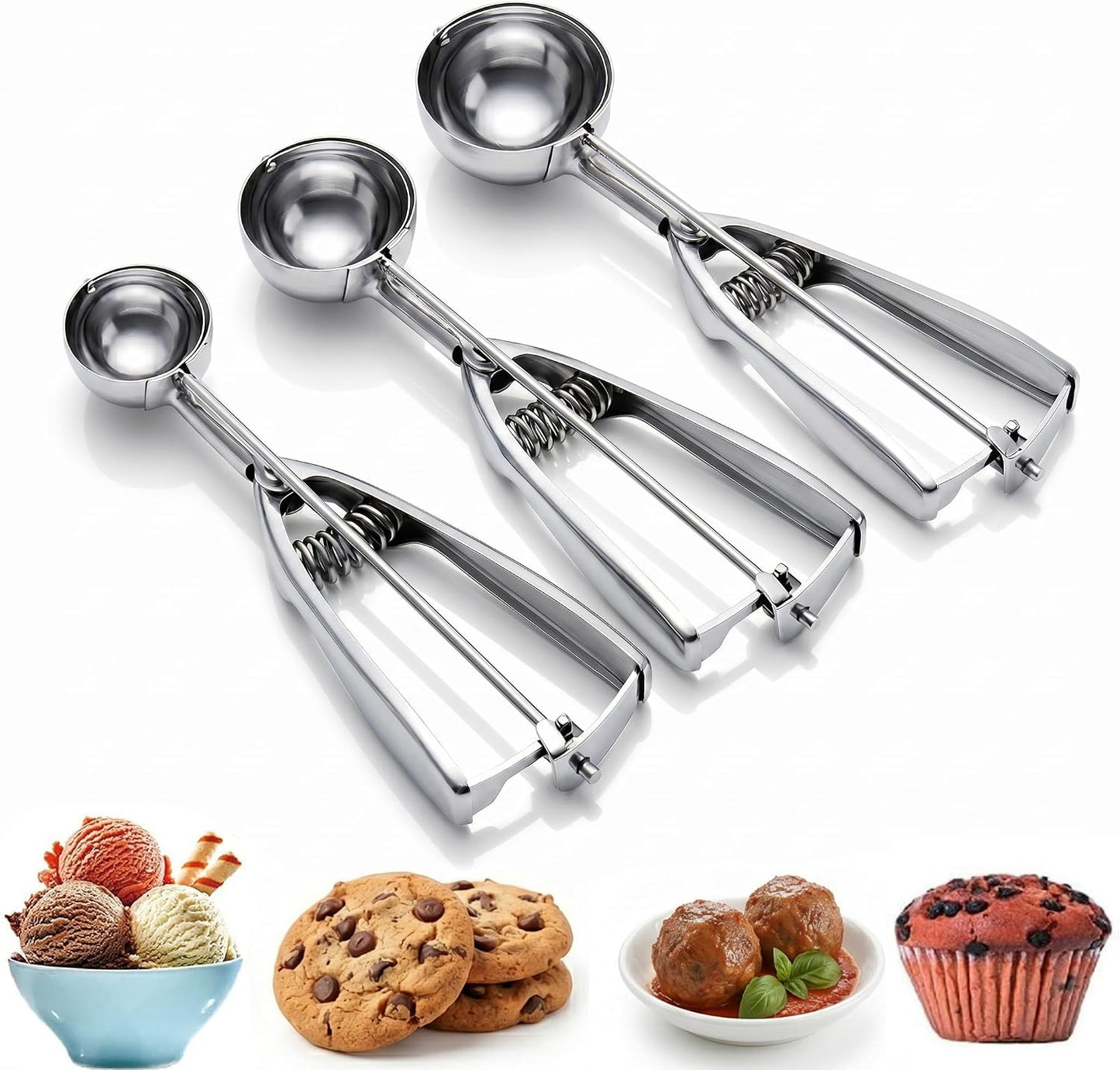 Ice Cream Scoop, 3Pcs Cookie Scoop Set, Stainless Steel Ice Cream Scooper with Trigger Release, Large/Medium/Small Cookie Scooper for Baking, Cookie Scoops for Baking Set of 3 with Cookie Dough Scoop…