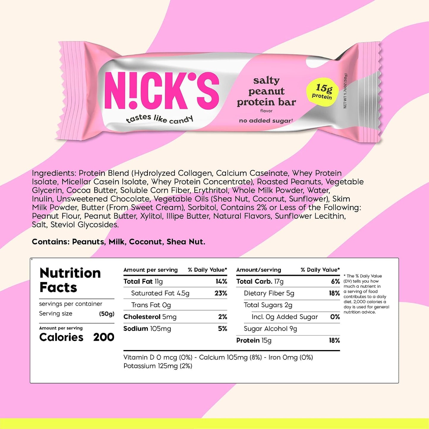 N!CK'S Protein Bars Salty Peanut Chocolate, 12-Count Box, 15g Protein, 200 Calories