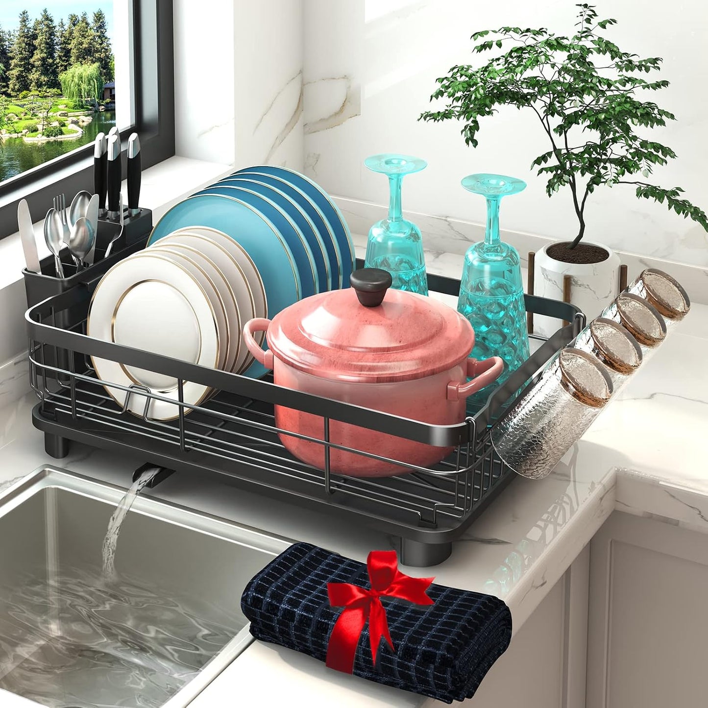 Godboat 2-Tier Dish Drying Rack - Dish Rack with Auto Drain-to-Sink & Mat | Dish Racks for Kitchen Counter, Dish Drainer with Knife Fork & Cup Rack, Gifts for Women, Mothers Day, Kitchen Gadgets, Black