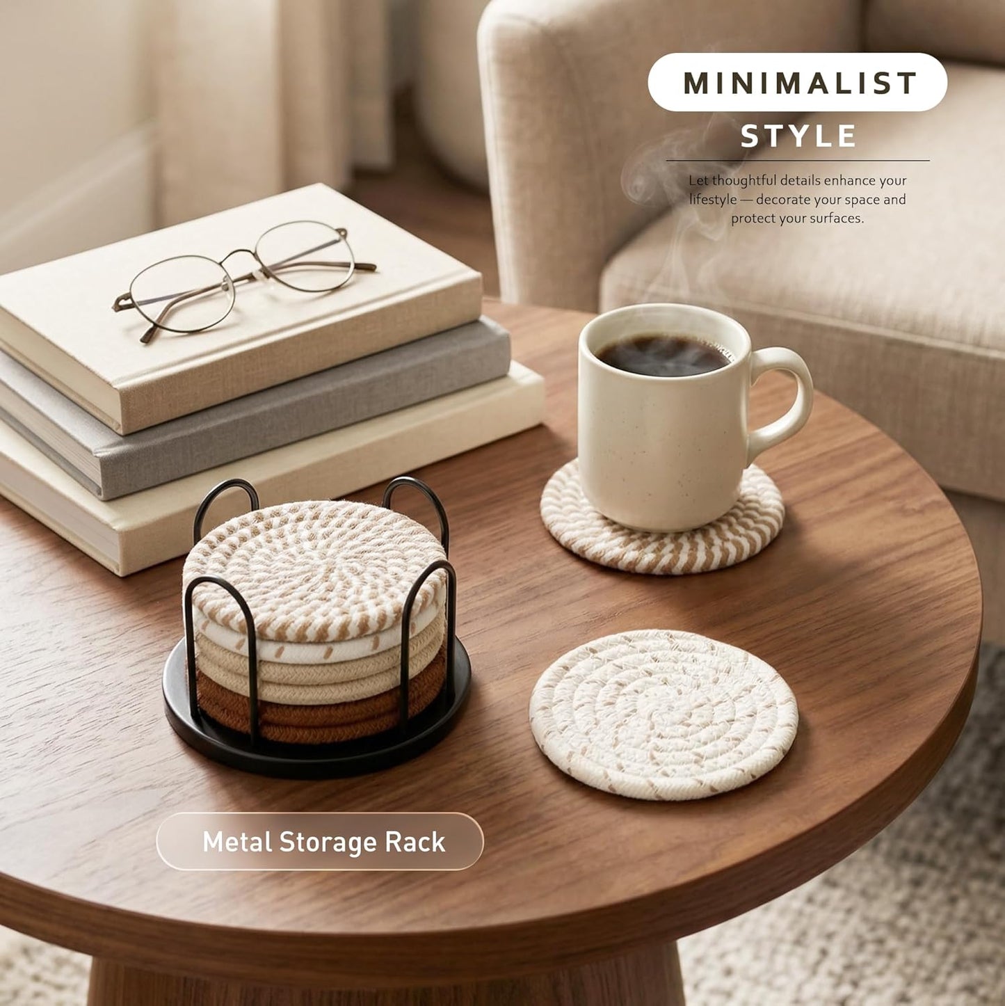 Lazebox Coasters Set of 8 for Drinks, 4 Inch Large Coasters for Coffee Table, Tabletop Protection for Hot & Cold Drinks, Versatile Coasters for Home Decor, Non-Slip & Easy to Clean, Coffee