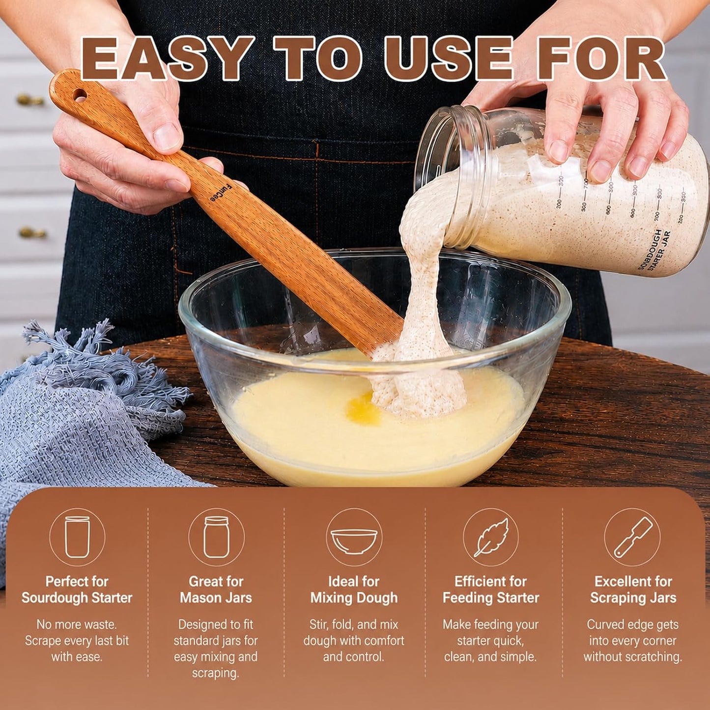 2 Pack Wooden Spurtle for Sourdough Starter, Mixing, Reaching Bottom of Jar, Dough Whisk, Long Handle Jar Spatula, Spurtles Kitchen Tools Teak Wood Kitchen Utensils kit for Baking, Cooking