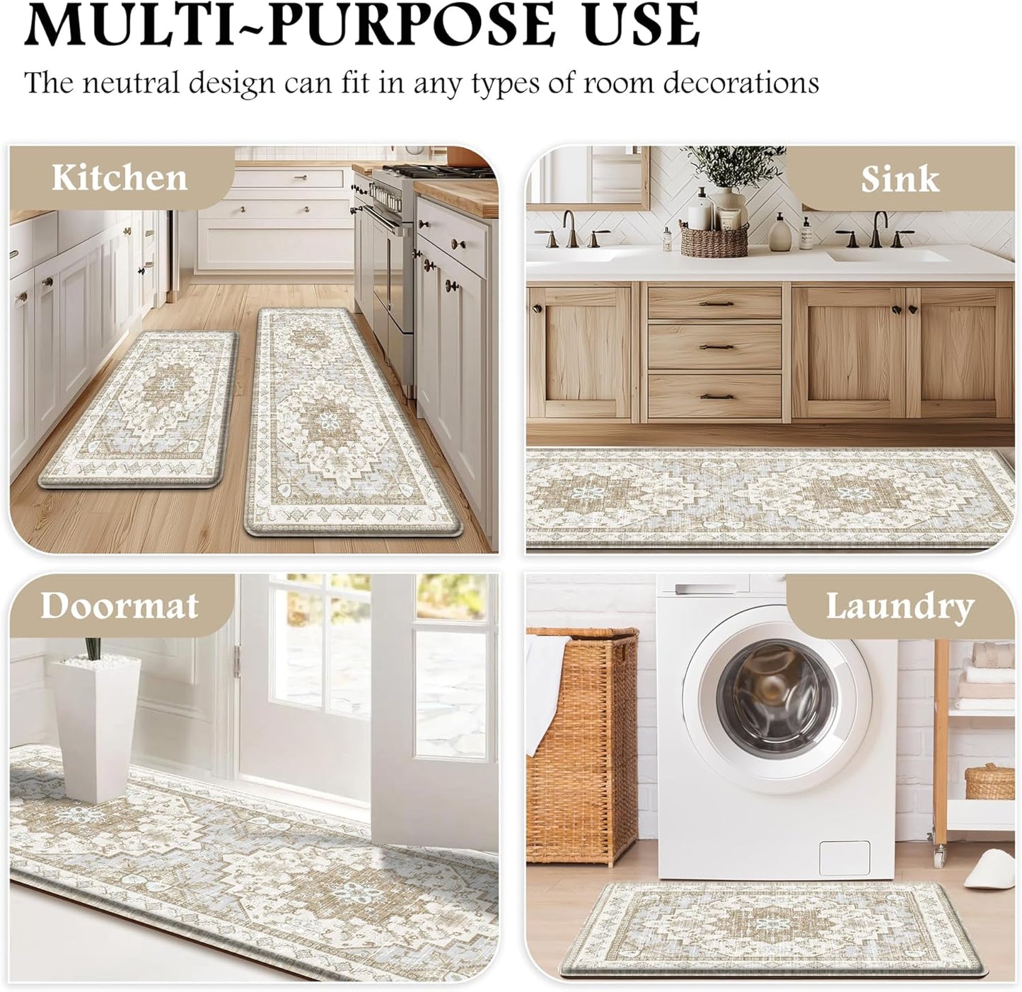 Boho Kitchen Mats for Floor 2 Piece Set Anti Fatigue Cushioned PVC Kitchen Rugs Non Slip Waterproof Farmhouse Mats 2/5 Inch Comfort Standing Mat for Sink, Laundry, 17.3"x47"+17.3"x28", Beige Tan