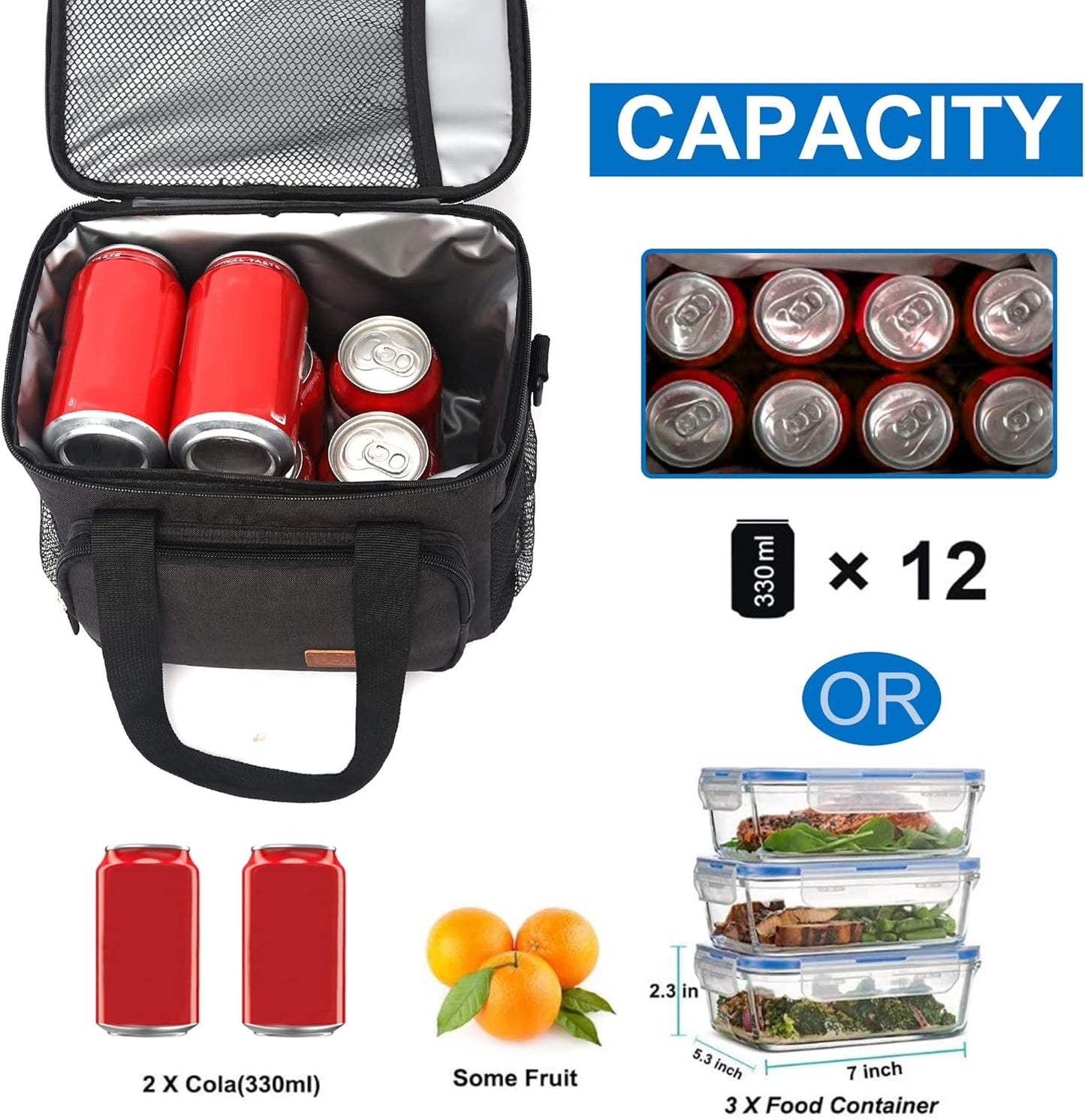 Femuar Reusable Lunch Box for Men/Women - Insulated Lunch Bag Leakproof Lunchbox for Work Office Picnic Beach - Freezable Lunch Cooler Bag with Adjustable Shoulder Strap - Black
