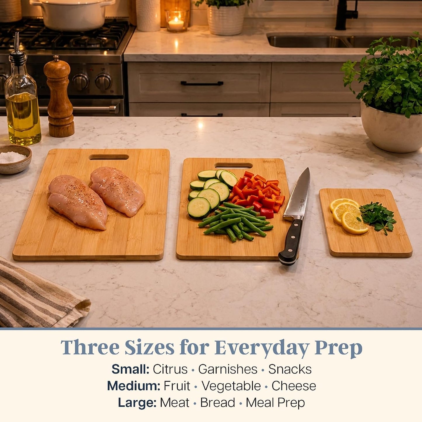 Totally Bamboo Cutting Board Set, 3 Reversible Cutting Boards for Kitchen | Small, medium & large bamboo boards for everyday meal prep. Smooth, knife-friendly surface for meat, produce, cheese & bread.
