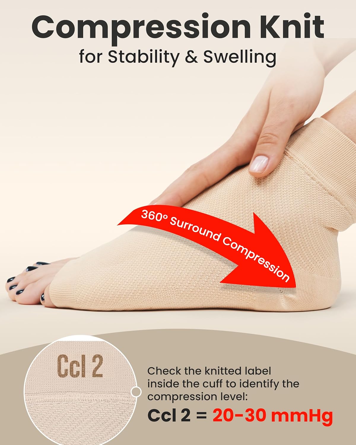 KEMFORD Ankle Compression Sleeve - 20-30mmHg, Beige, M