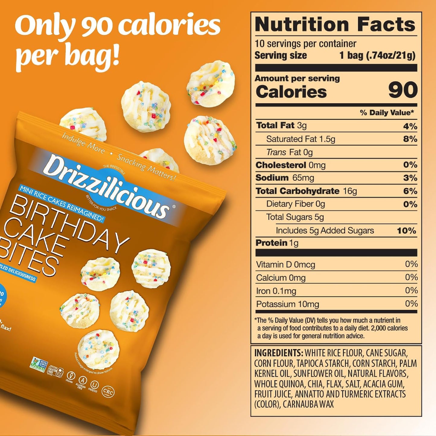 Mini flavored rice cakes in birthday cake flavor, 90 calories per bag, vegan and gluten free