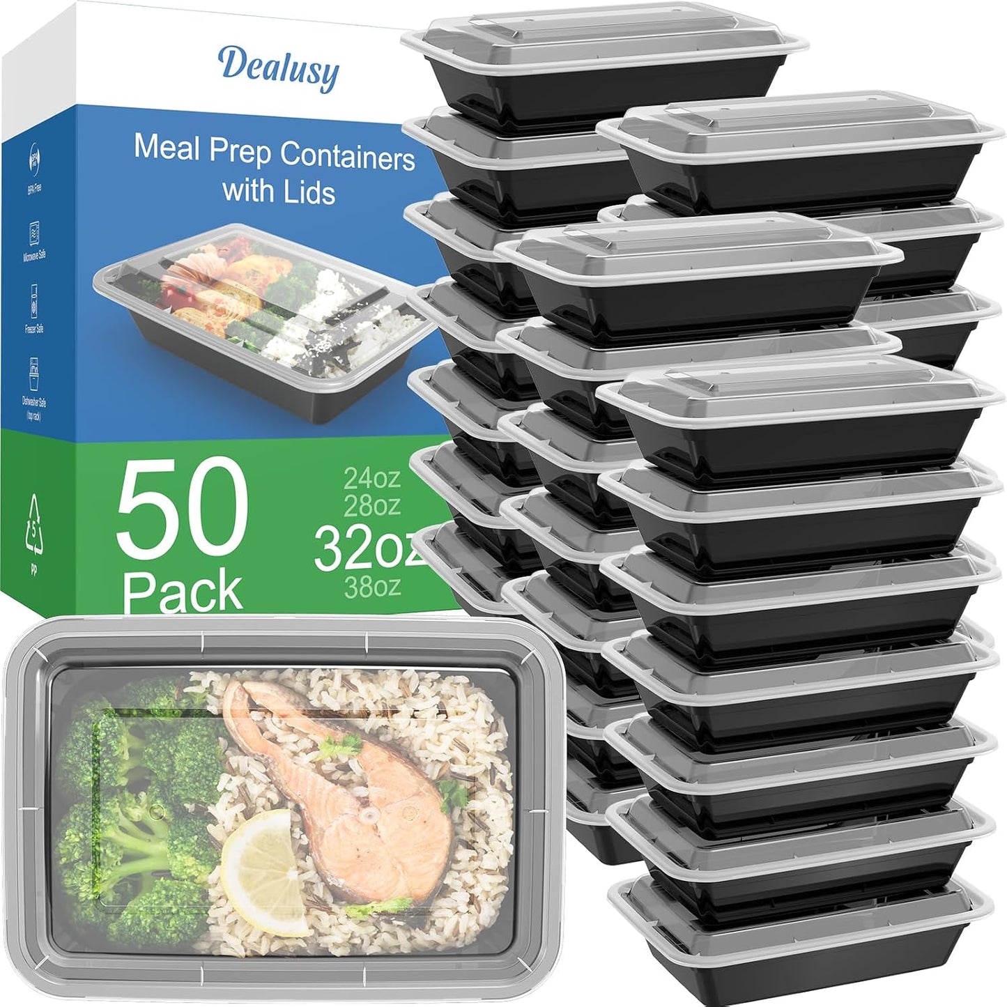 Dealusy 50 Pack (100-Piece) 24 oz Meal Prep Containers Reusable with Lids, Sturdy Leakproof & Food Safe, Microwave, Freezer, Dishwasher Safe Prep Containers, To Go Take Out Plastic Food Storage