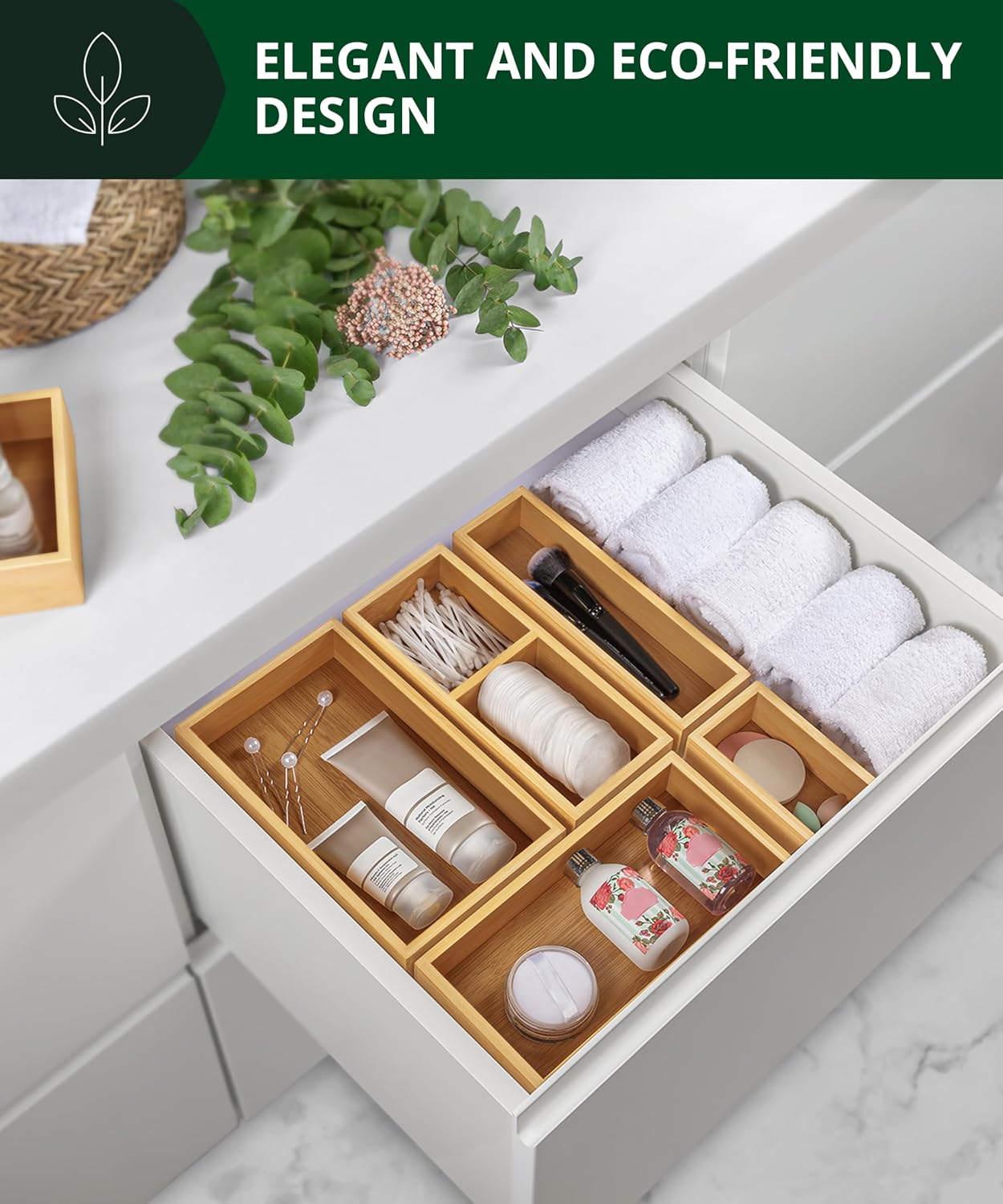 ROYAL CRAFT WOOD 5-Piece Bamboo Drawer Organizer Set โ Multi-Use Storage Trays for Kitchen, Bathroom, Office, Makeup, Jewelry & More โ Junk Drawer Tray, Utensil Holder, Storage Box & Bin Set (5 Boxes)