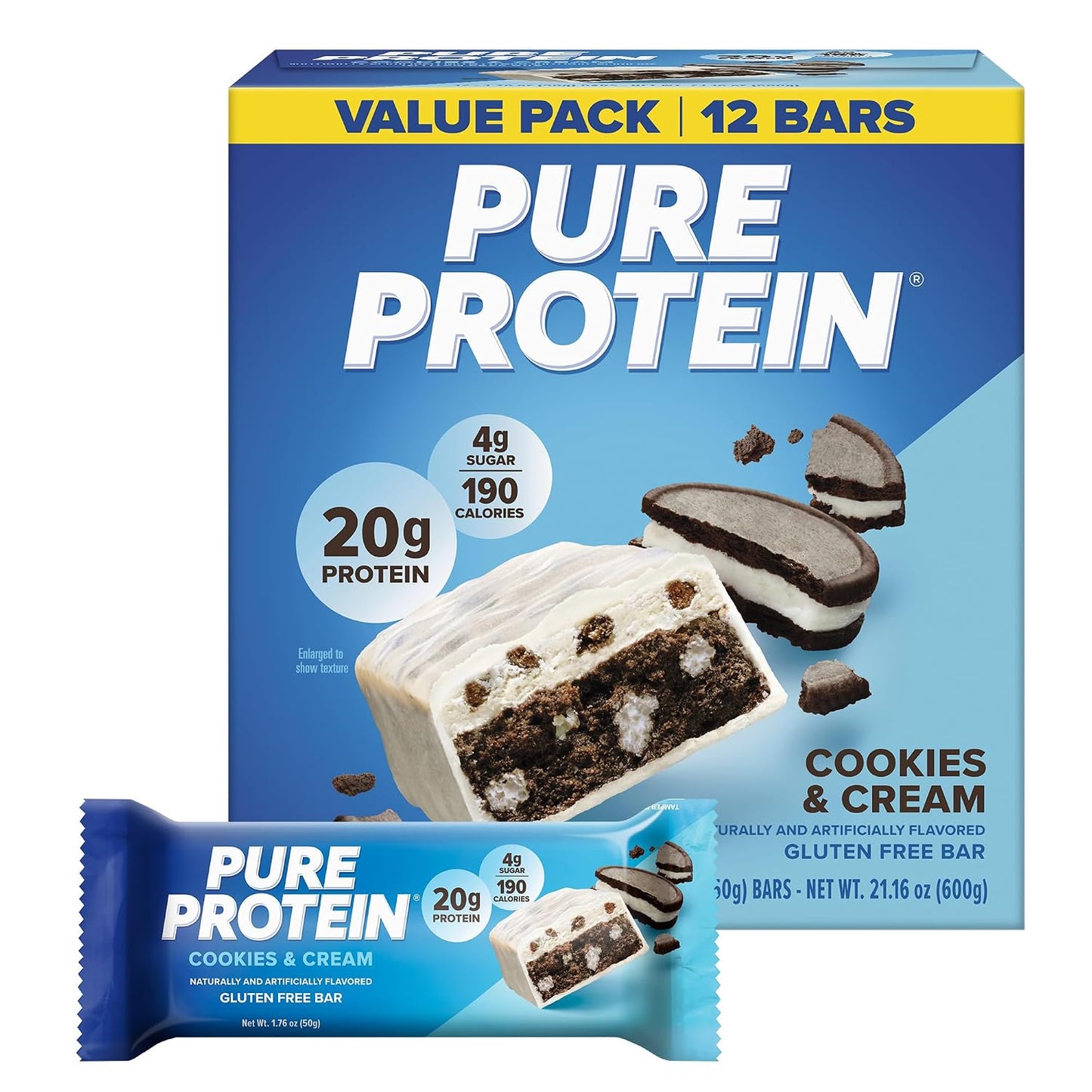 Pure Protein Chocolate Peanut Caramel Bars - 20g Protein, 3g Sugar, 190 Calories, 12 Count, Gluten Free