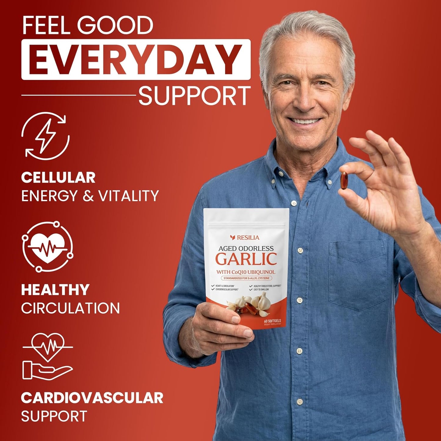 Resilia Garlic Extract 600mg Softgels (60 Count) – Odorless Aged Garlic Extract Supplement with CoQ10 Ubiquinol – 20-Month Matured, Standardized for S-Allyl Cysteine - Heart Health & Immune Support