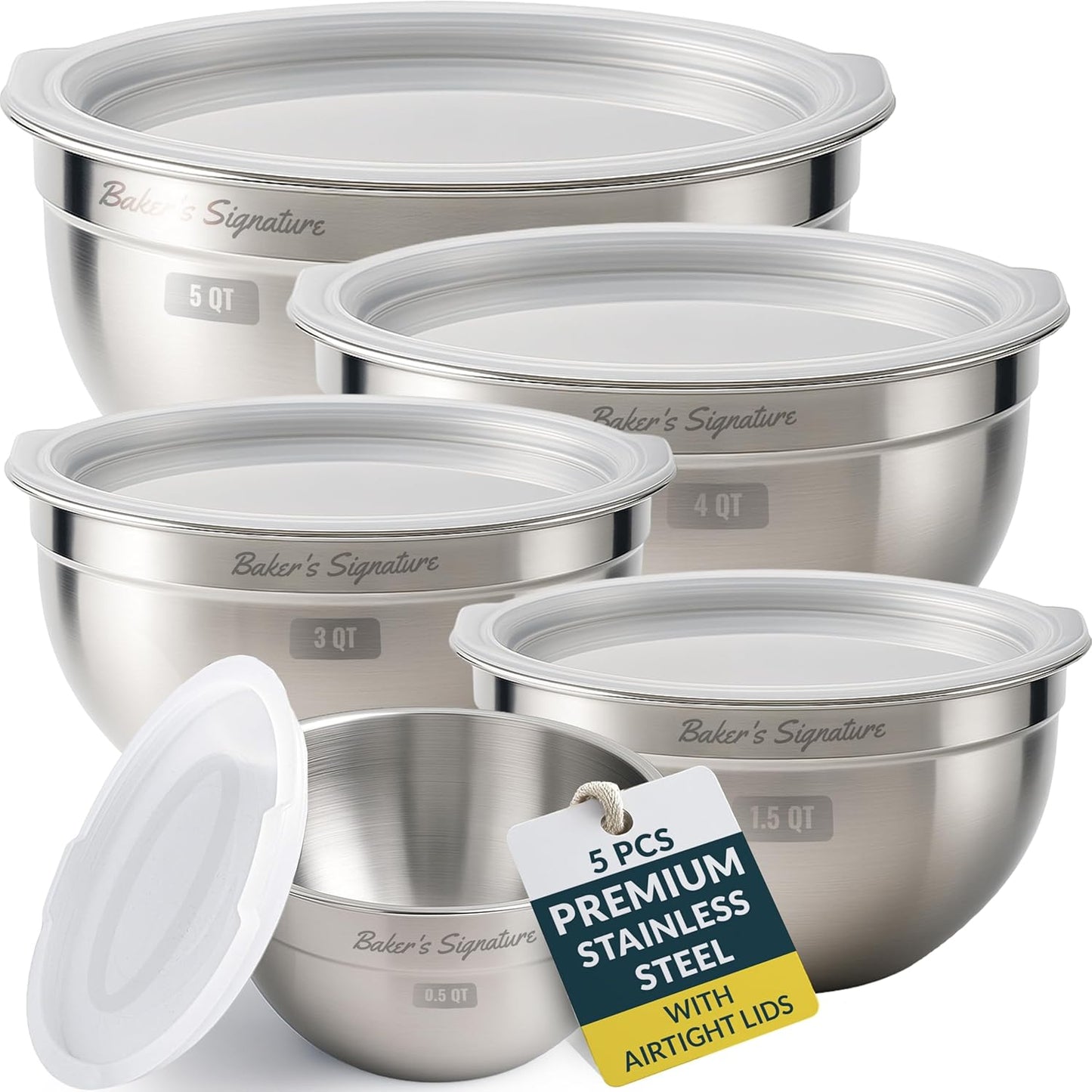 Baker's Signature Stainless Steel Mixing Bowls With Lid | Metal Bowl Set Of 5, Nesting Set For Food Prep, Baking,Storage, Cooking, Serving | Dishwasher Safe, 0.5/1.5/3/4/5 Qt