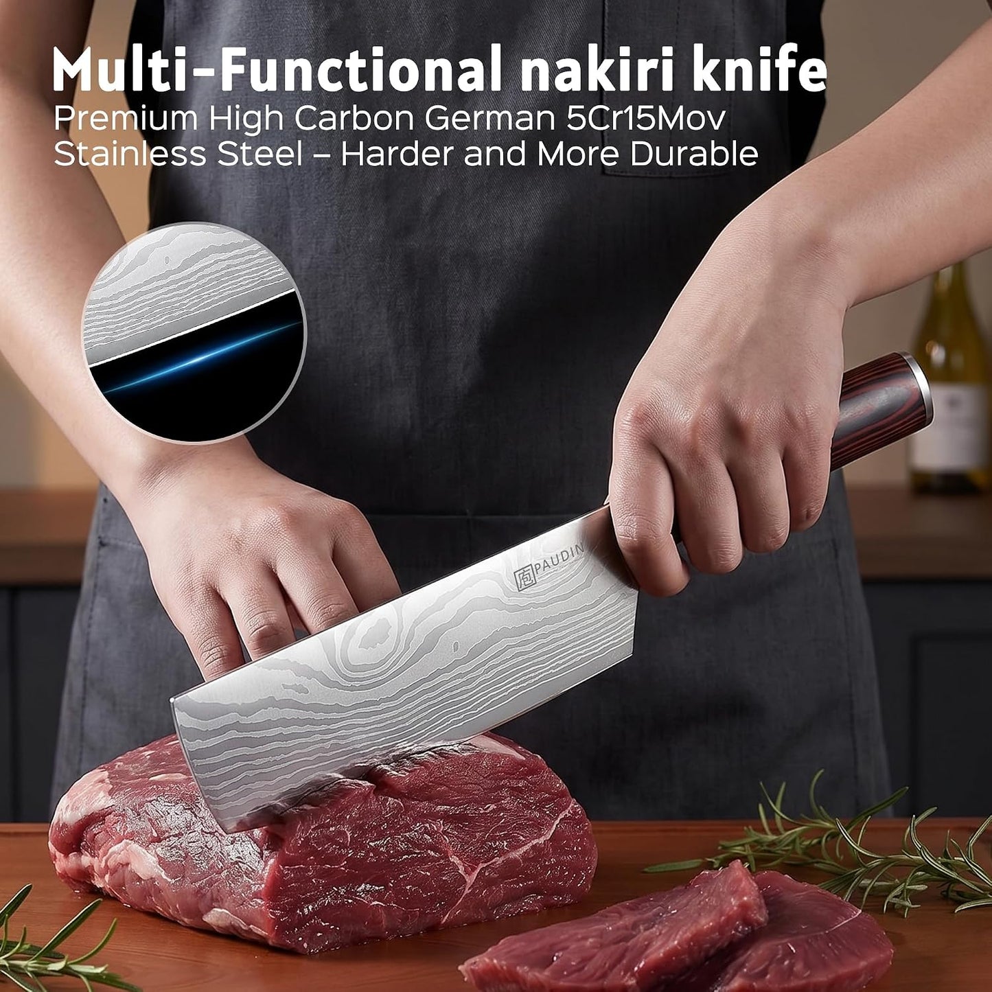 PAUDIN Nakiri Knife - 7" Razor Sharp Meat Cleaver and Vegetable Kitchen Knife, High Carbon Stainless Steel, Multipurpose Asian Chef Knife for Home and Kitchen with Ergonomic Handle