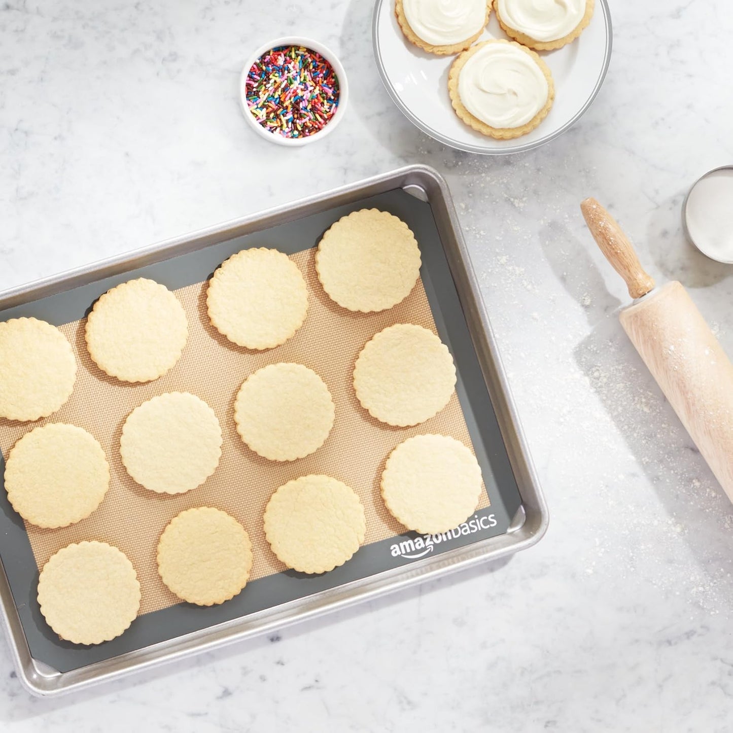 Amazon Basics Silicone Rectangular Baking Mat, Non-Stick, Reusable, Dishwasher Safe, Food Safe, Heat Resistant, 16.5" x 11.6", Beige/Gray, 2-Pack