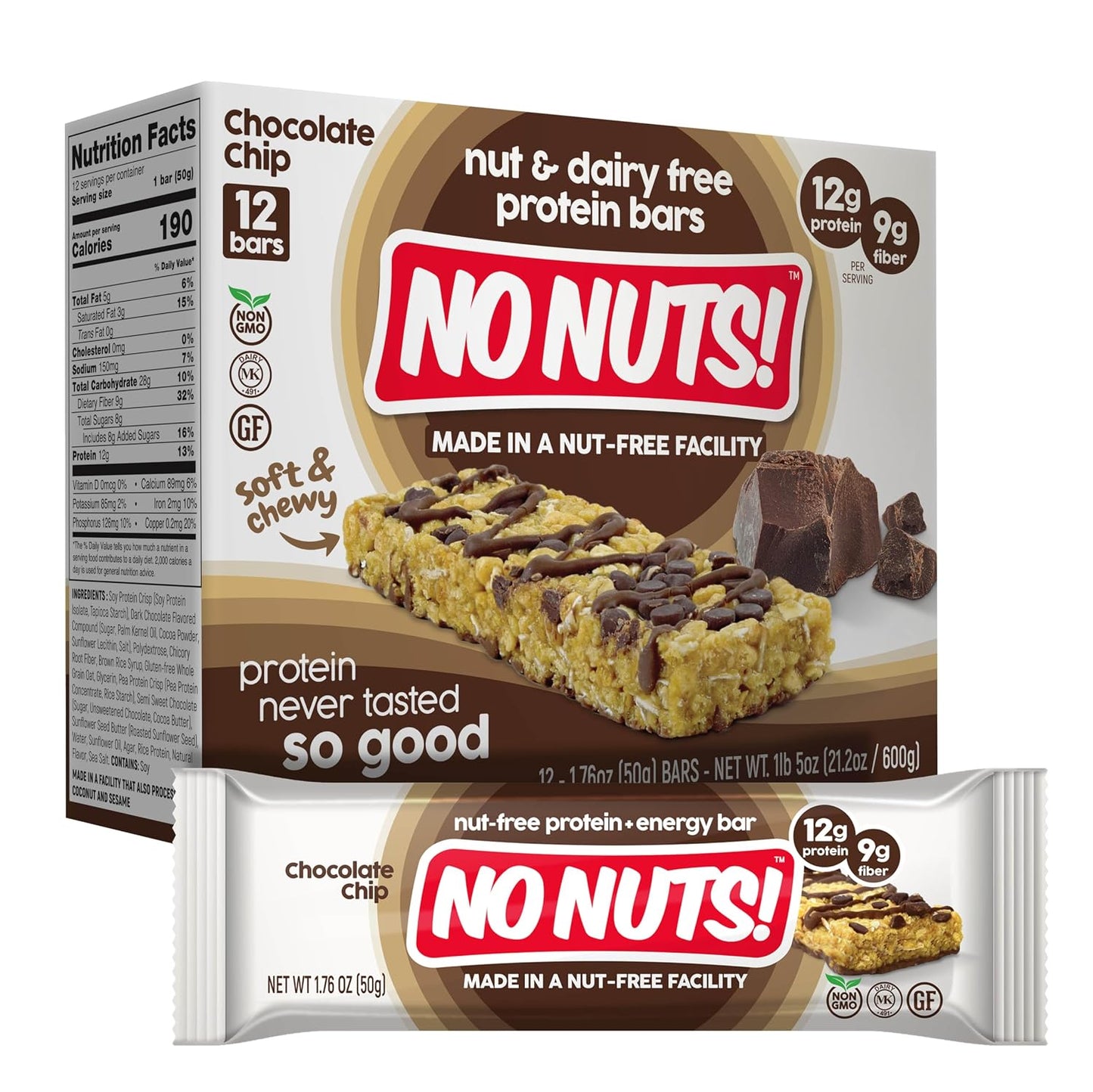 No Nuts! Chocolate Chip Protein Bars, 100% Nut-Free, Vegan, Gluten-Free, Non-GMO, Organic, Kosher, 12 Count