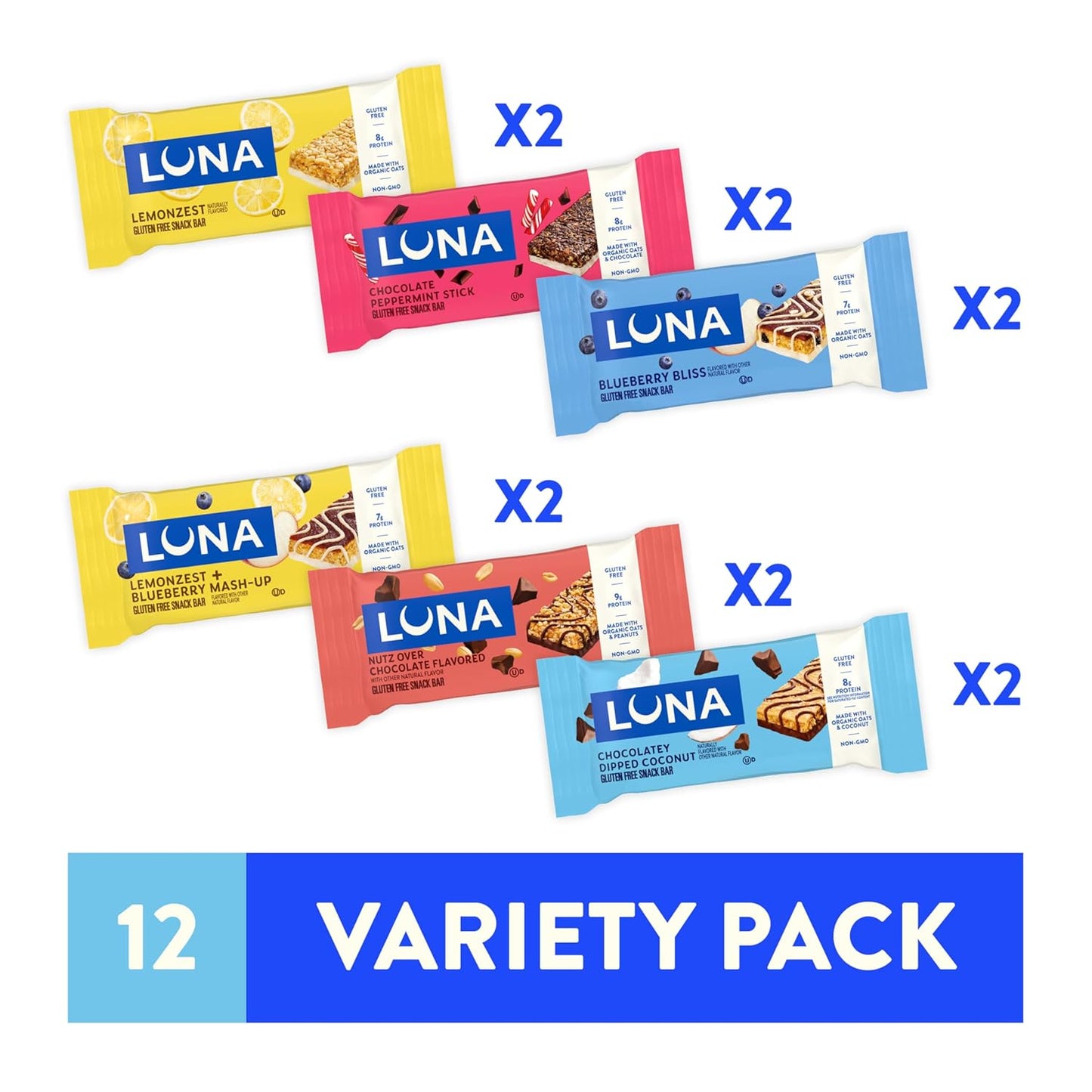 LUNA Bar Variety Pack 12 Count Gluten Free Non GMO Protein Bars
