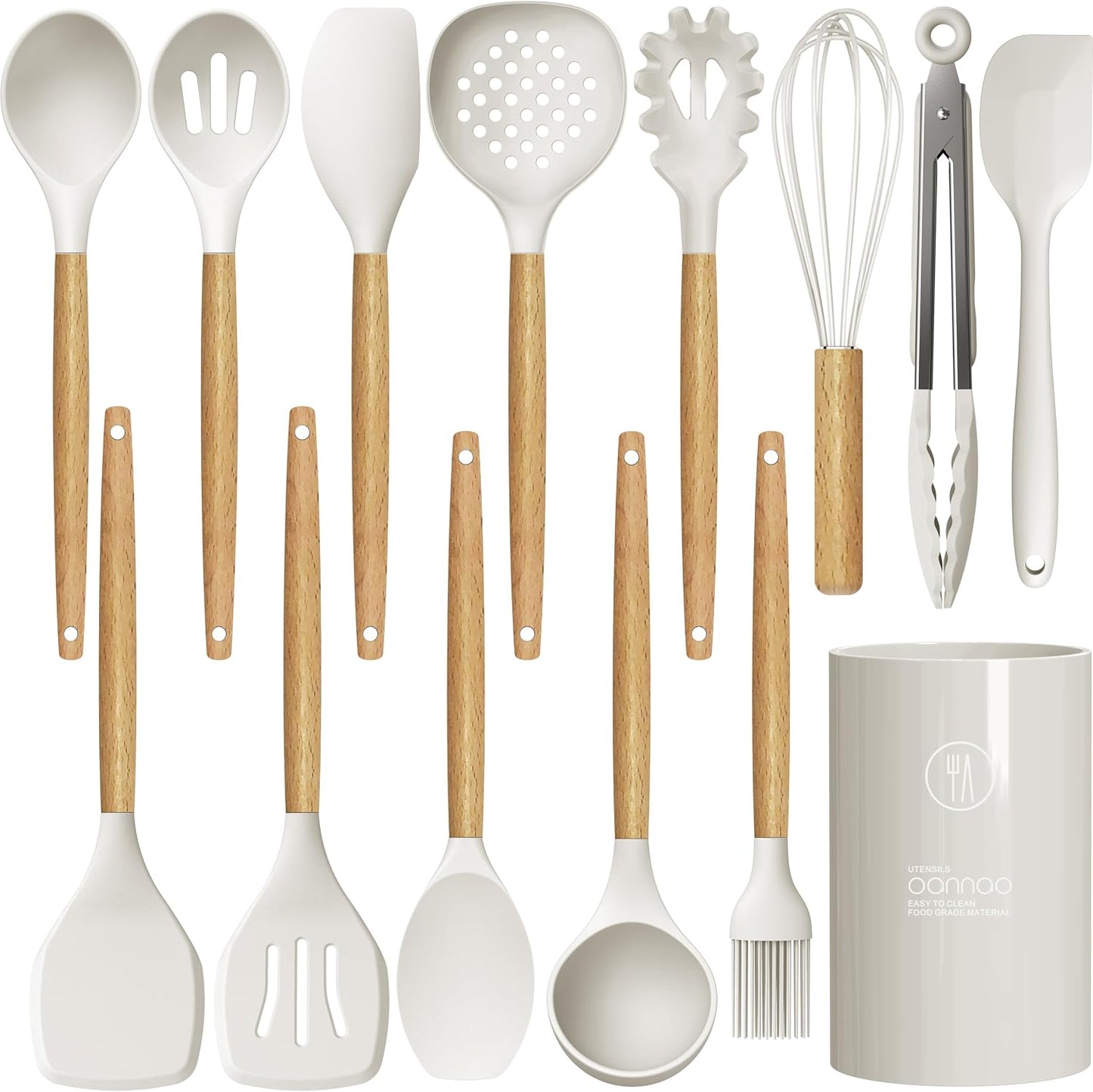 oannao Silicone Cooking Utensils Set - 446°F Heat Resistant Silicone Kitchen Utensils for Cooking,Kitchen Utensil Spatula Set w Wooden Handles, BPA FREE Gadgets for Non-Stick Cookware (Khaki)