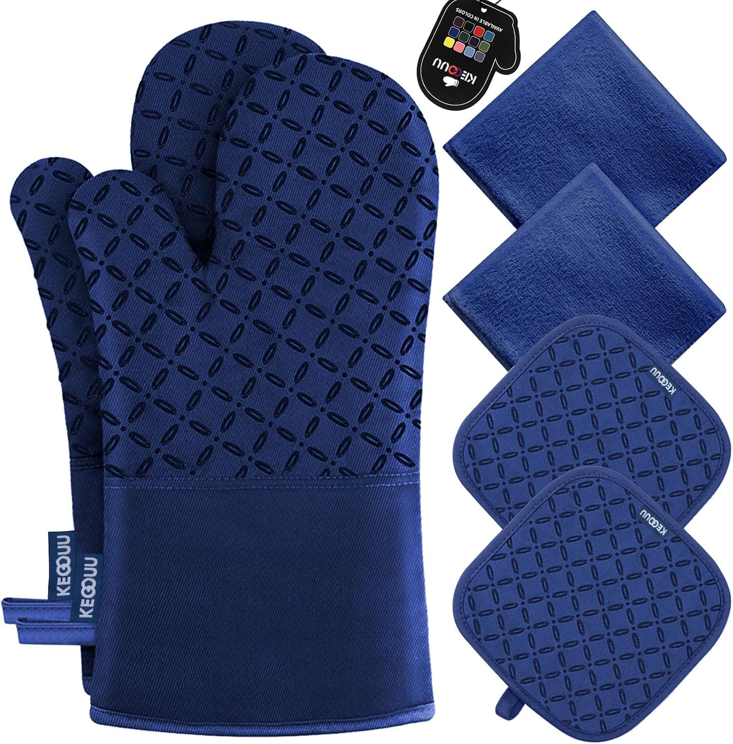 KEGOUU Oven Mitts and Pot Holders 6pcs Set, Kitchen Oven Glove High Heat Resistant 500 Degree Extra Long Oven Mitts and Potholder with Non-Slip Silicone Surface for Cooking (Black)