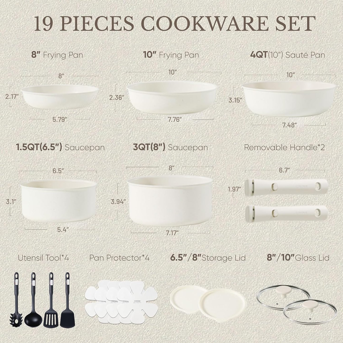 CAROTE 19pcs Pots and Pans Set Non Stick, Detachable Handle Cookware | Kitchen Cooking Sets, Space Saving, Dishwasher & Oven Safe, Non-Toxic, for Camping/RV/Traveling, Cream White