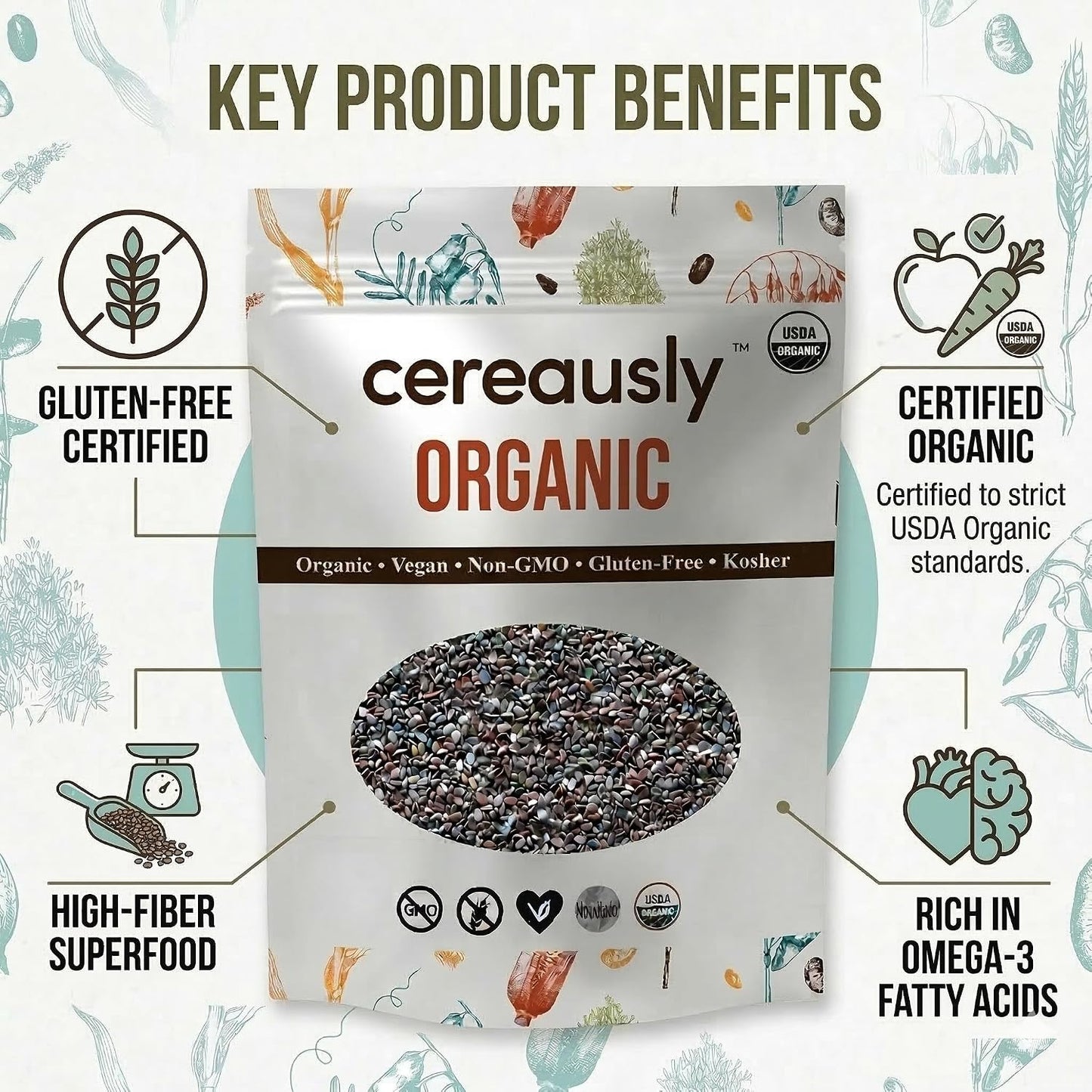 Organic Black Chia Seeds 4 lb Bulk – High Fiber Omega-3 Superfood, Non-GMO, Gluten Free, Vegan, Kosher, Whole Chia Seeds for Smoothies, Chia Pudding, Overnight Oats & Baking – Cereausly