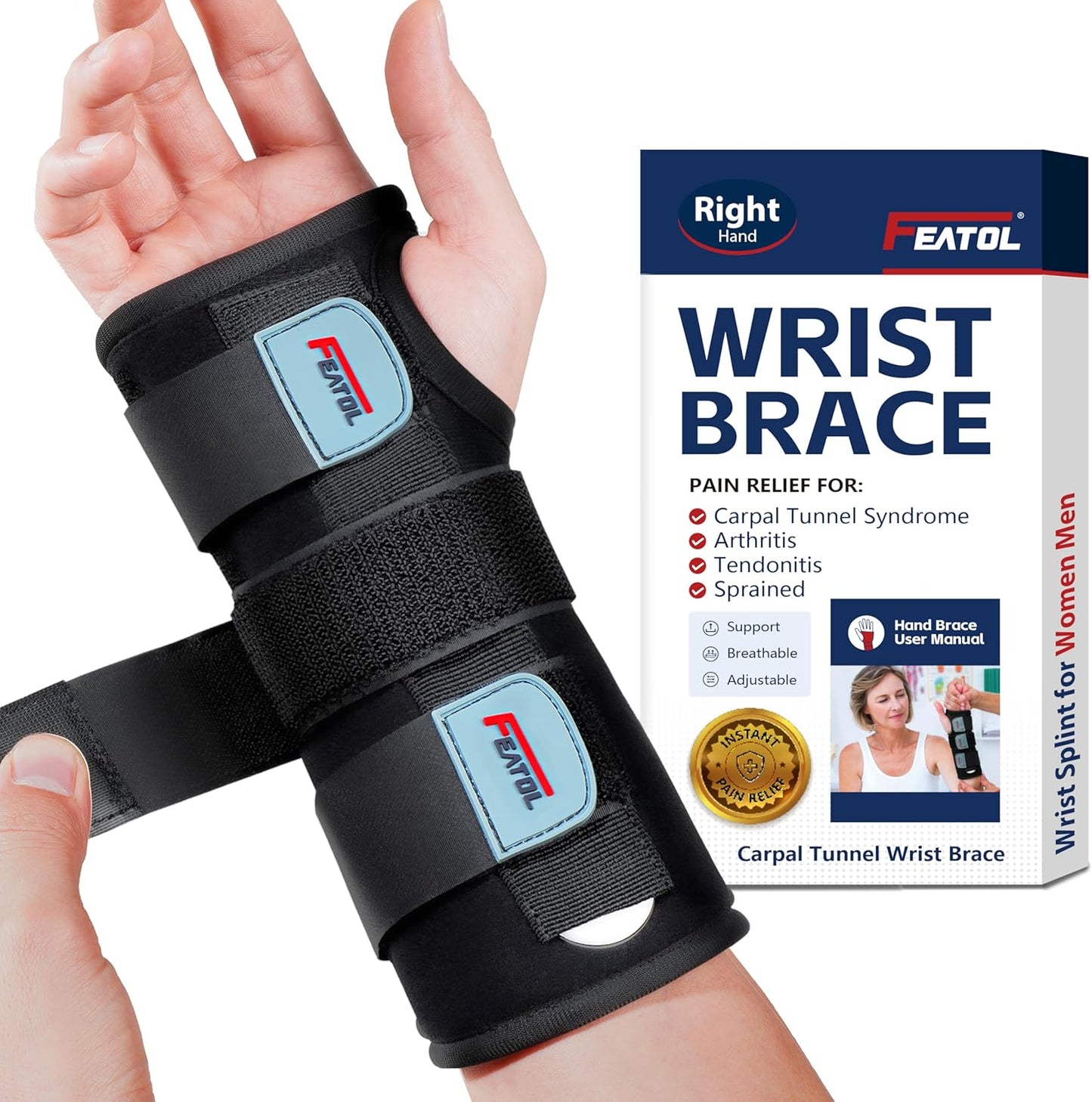 FEATOL Wrist Brace Hand Brace for Carpal Tunnel and Tendonitis Support Right Hand Small/Medium