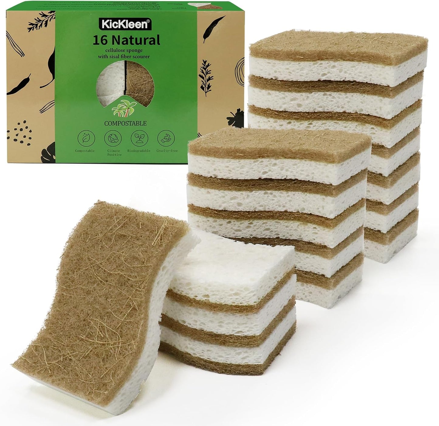 9 Pack Biodegradable Natural Kitchen Sponge Dish Sponges | Compostable Cellulose and Coconut Walnut Scrubber Sponge - Eco Friendly Sustainable Sponges for Dishes
