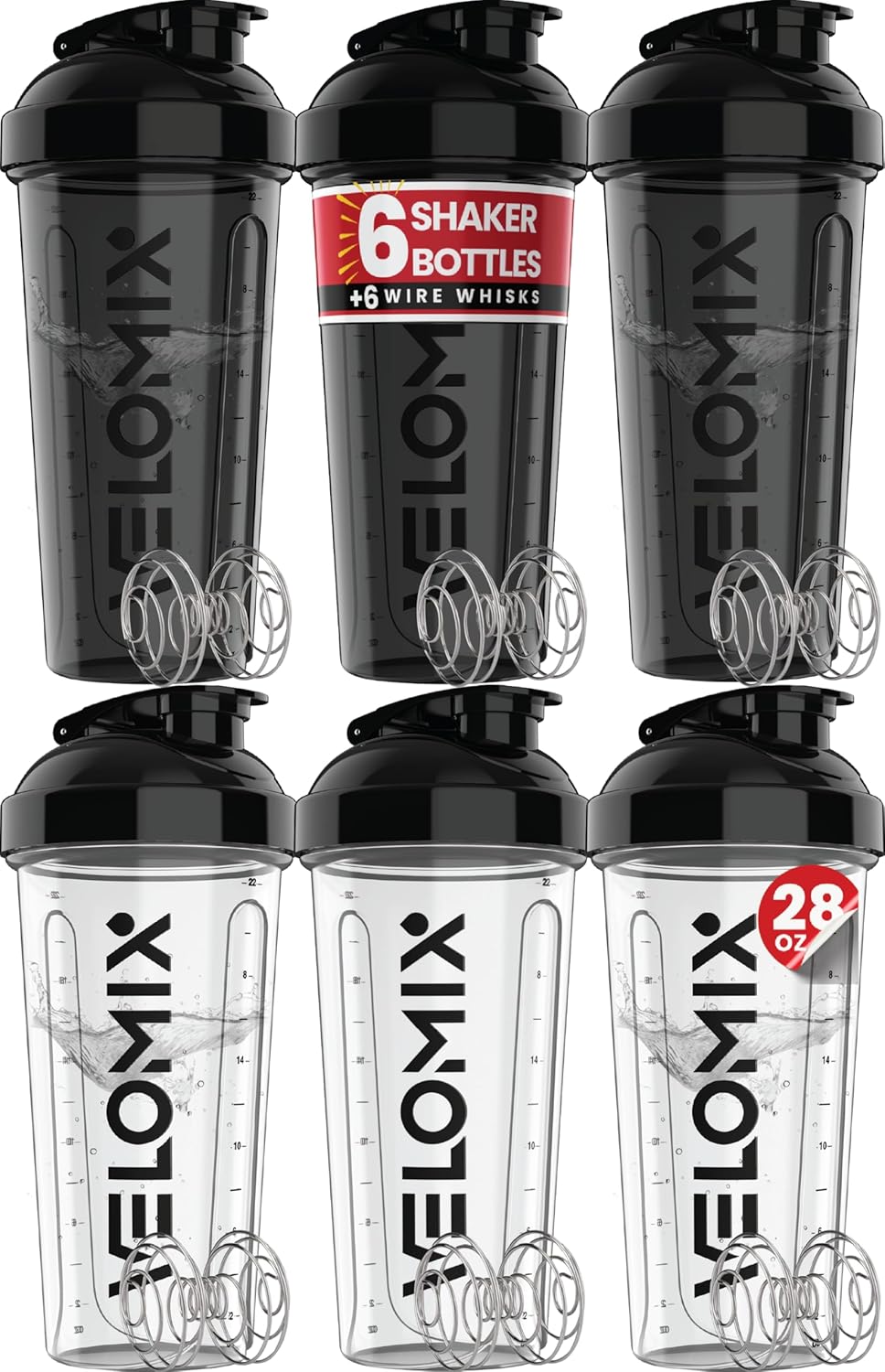 VELOMIX 28oz Protein Shaker Bottle 6-Pack - Leak-Proof, Smooth Mixes