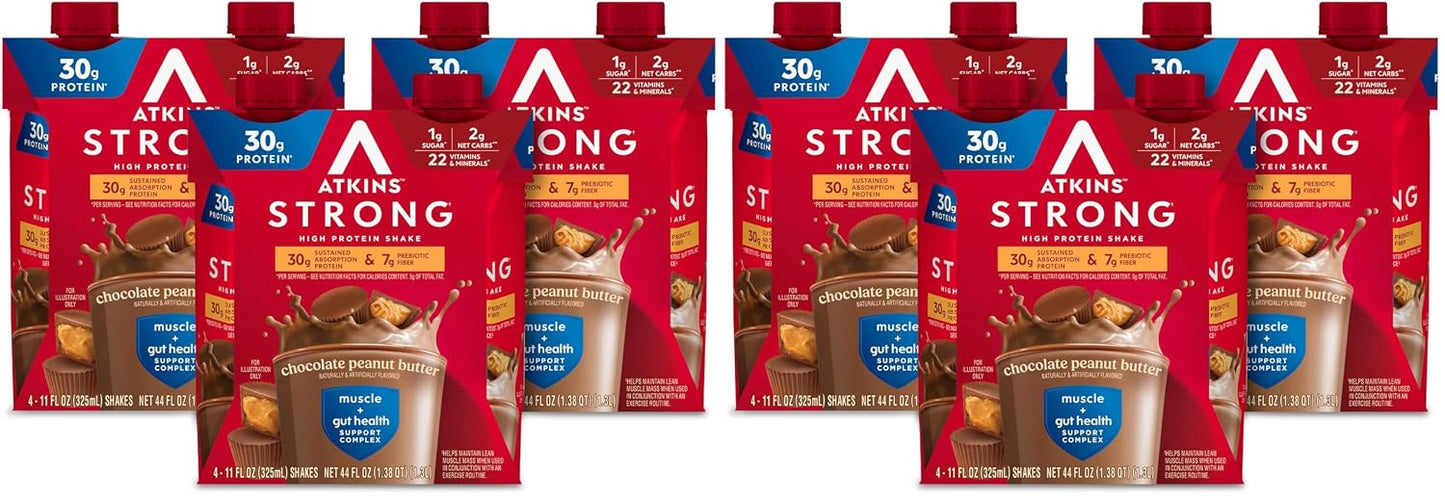 Atkins Strong High Protein Shake, Milk Chocolate, 30g Protein, 7g Prebiotic Fiber, 1g Sugar, GLP-1 Support, Muscle & Gut Health Support Complex, 12 Count