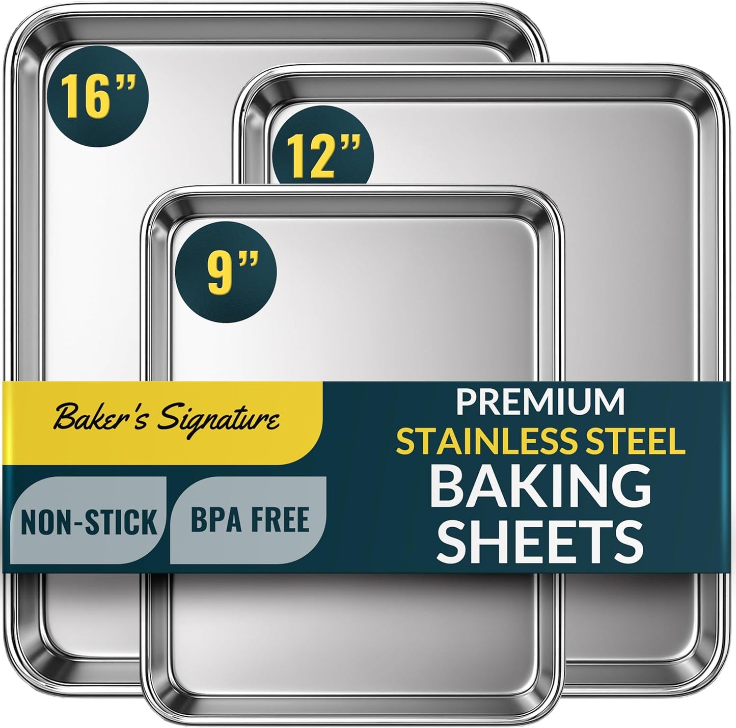 Baker's Signature Stainless Steel Cookie Sheet Pan | Baking Set of 3, Mirror Finish, Non-Stick, Rust Resistant, BPA Free, Dishwasher Safe, 9/12/16"