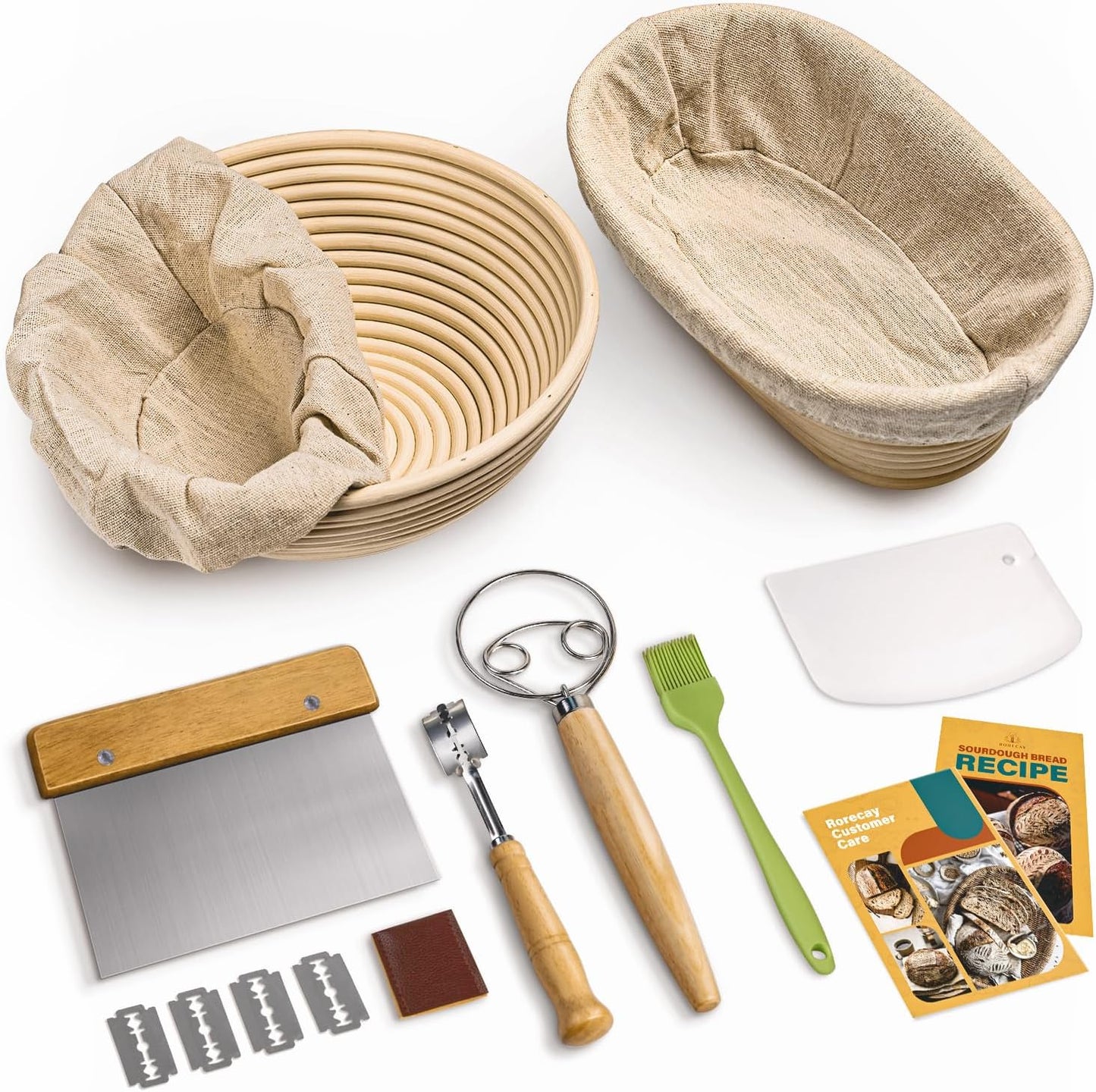 Rorecay Sourdough Starter Kit with Banneton Bread Proofing Baskets | Complete Sourdough Bread Baking Supplies, Beginner Friendly, 9 in Round & 10 in Oval Rattan Banneton, Sturdy Sour Dough Tools
