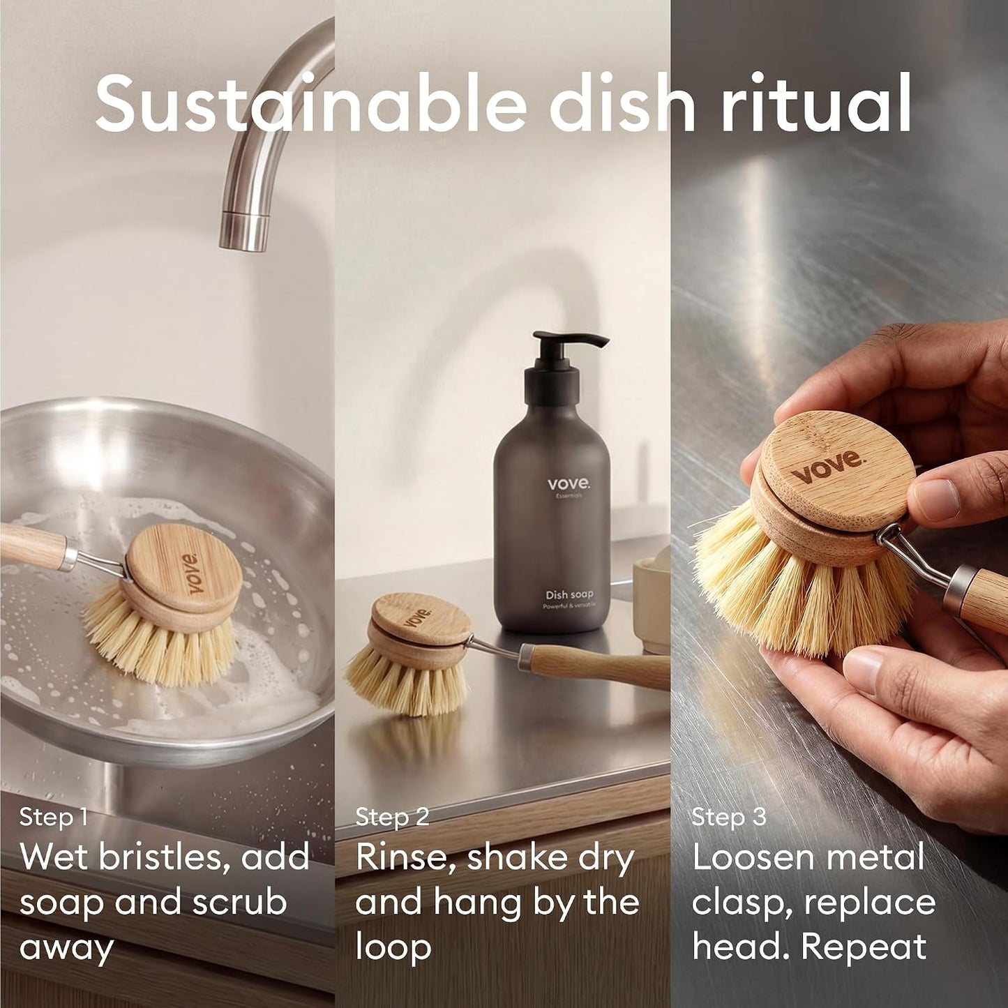 Vove Bamboo Dish Brush with 3 Replacement Heads, Plastic-Free Kitchen Scrub Brush for Pots Pans and Dishes, FSC-Certified Bamboo Handle with Natural Fiber Bristles, Non-Toxic Zero-Waste