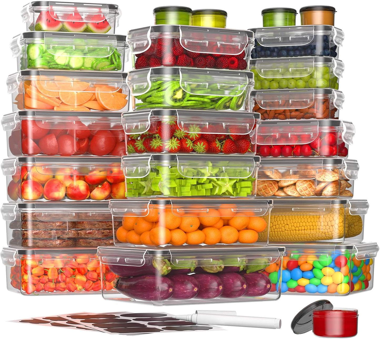 KEMETHY 36-Piece Food Storage Containers with Lids(18 Container & 18 Lid), Plastic Food Containers for Pantry & Kitchen Storage and Organization, BPA-Free, Leak Proof, Reusable with Labels & Pen