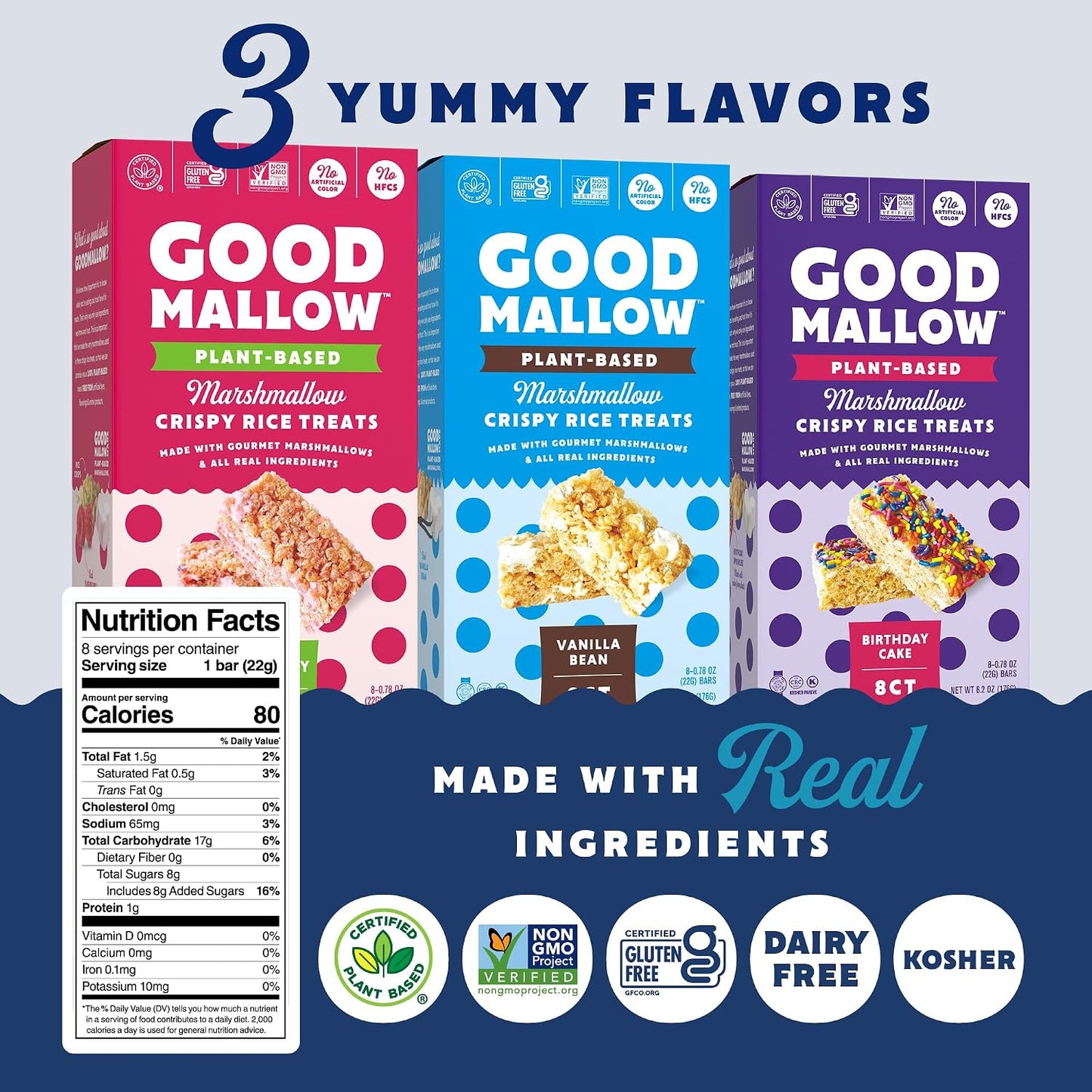 GoodMallow Vegan Rice Crispy Individually Wrapped Box of 8, Kosher, Gluten Free, Dairy Free Snacks