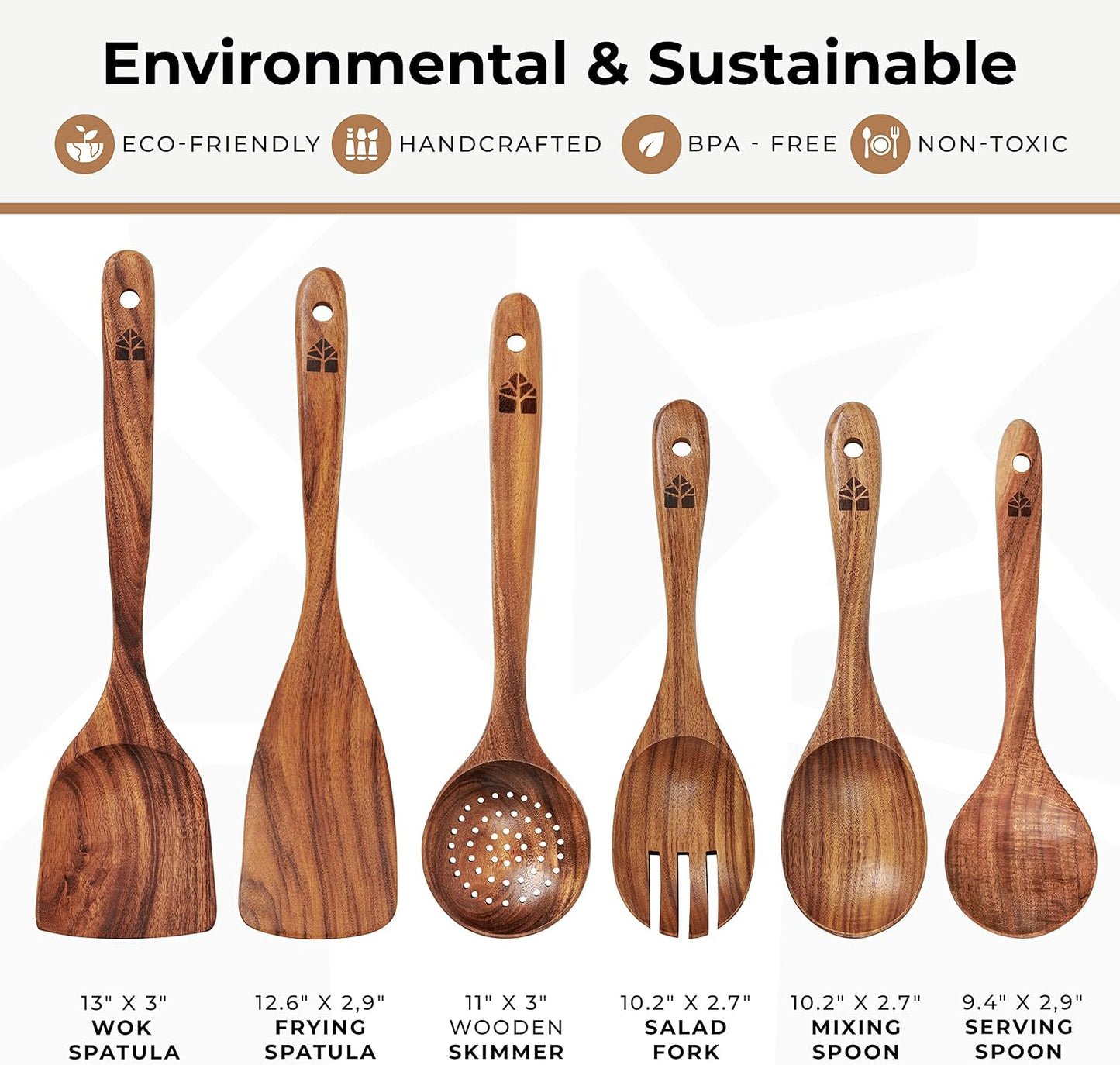 Wooden Spoons for Cooking, Teak Wood Kitchen Utensil Set – Multipack | Comfortable Grip, Non-Stick, Food-Safe & Easy to Clean Natural Cookware