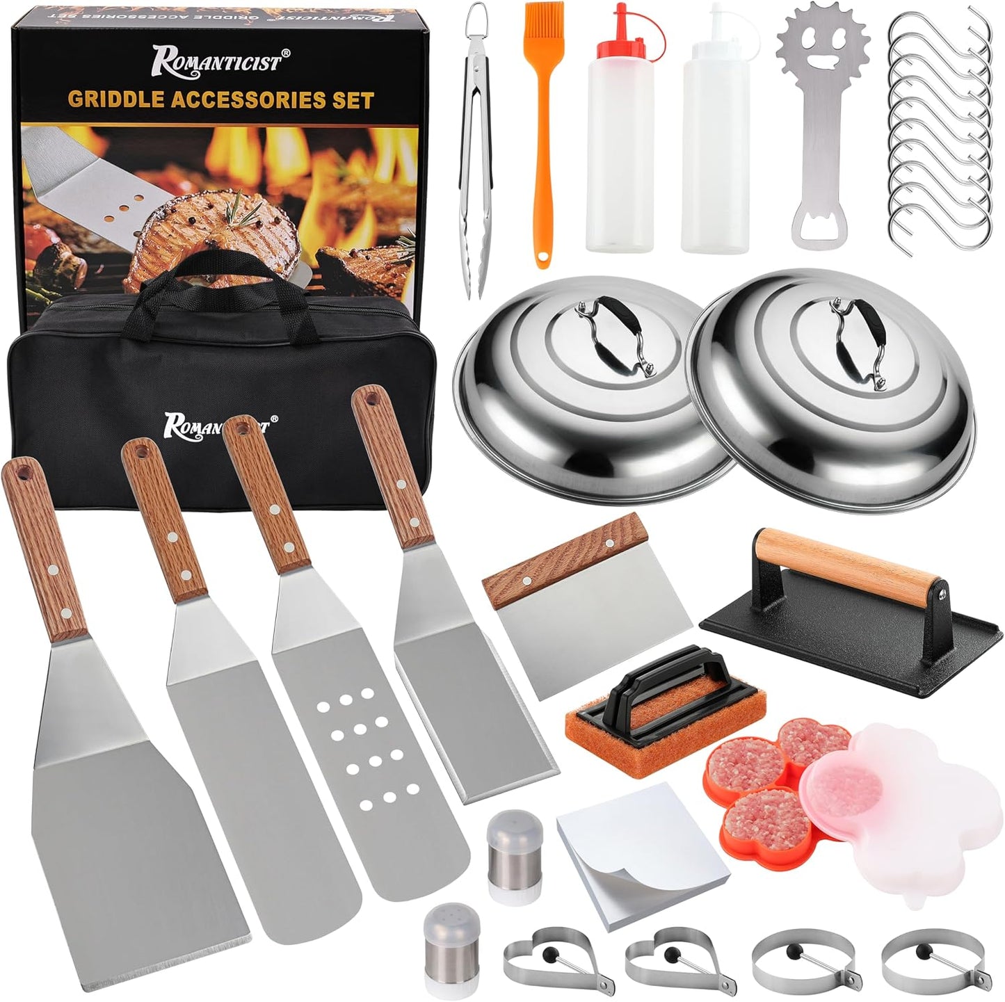 ROMANTICIST 8pcs Professional Griddle Accessories Kit - Heavy Duty Stainless Steel Grill Spatula Set for Grill Griddle Hibachi Flat Top Outdoor Cooking - Great Grill Gift on Birthday Wedding