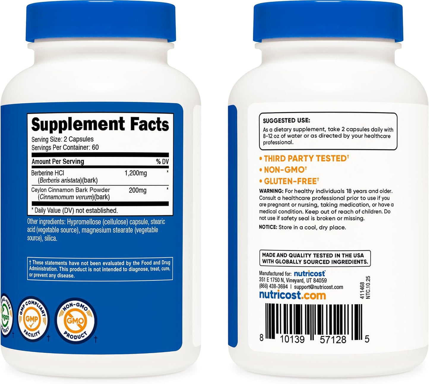 Nutricost Berberine HCl with Ceylon Cinnamon Capsules 120 Count