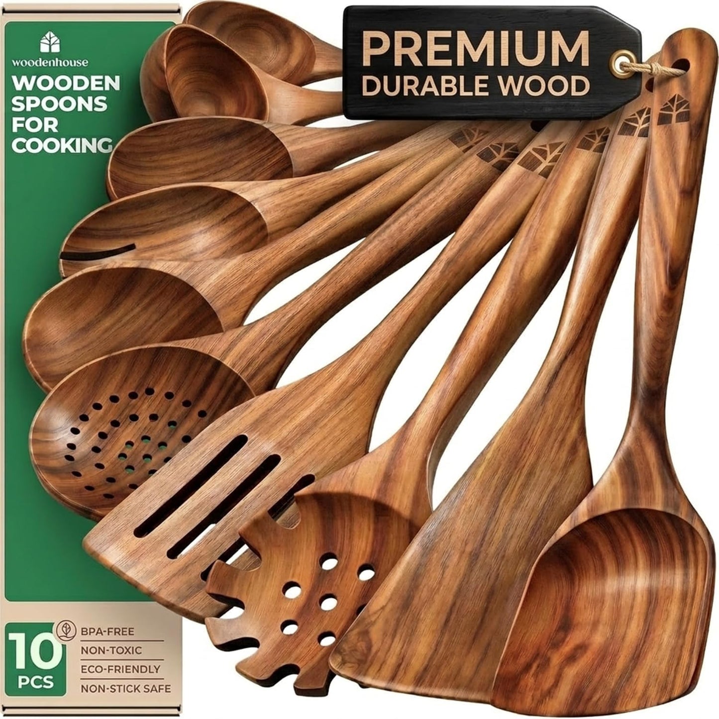 Wooden Spoons for Cooking, Teak Wood Kitchen Utensil Set – Multipack | Comfortable Grip, Non-Stick, Food-Safe & Easy to Clean Natural Cookware