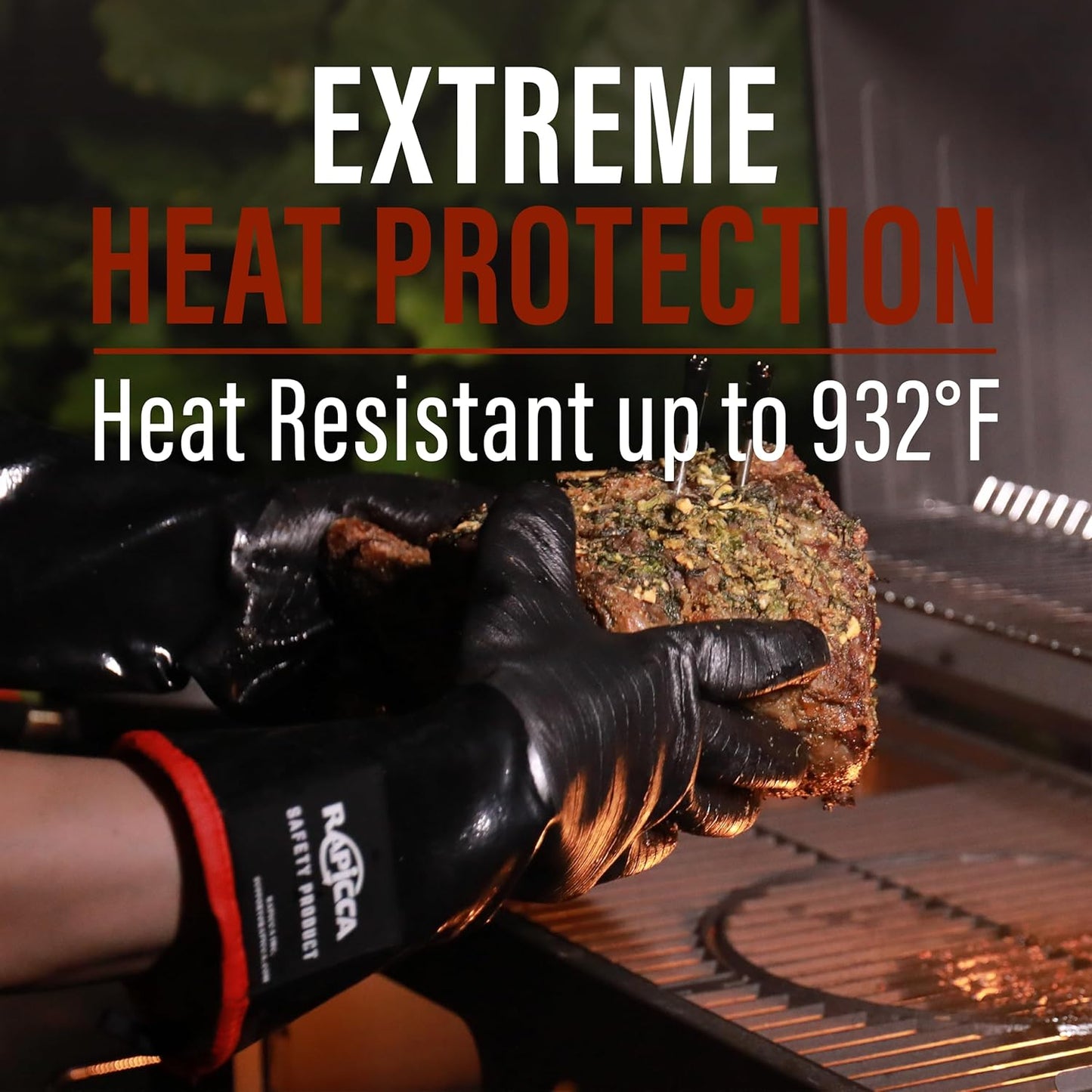 RAPICCA BBQ Grill Gloves, 932°F Heat Resistant Neoprene, 14 in XL | Oil Resistant & Waterproof, For Pitmaster - Smoking, Grilling, Cooking, Deep Frying Turkey, Handling Hot Greasy Meat
