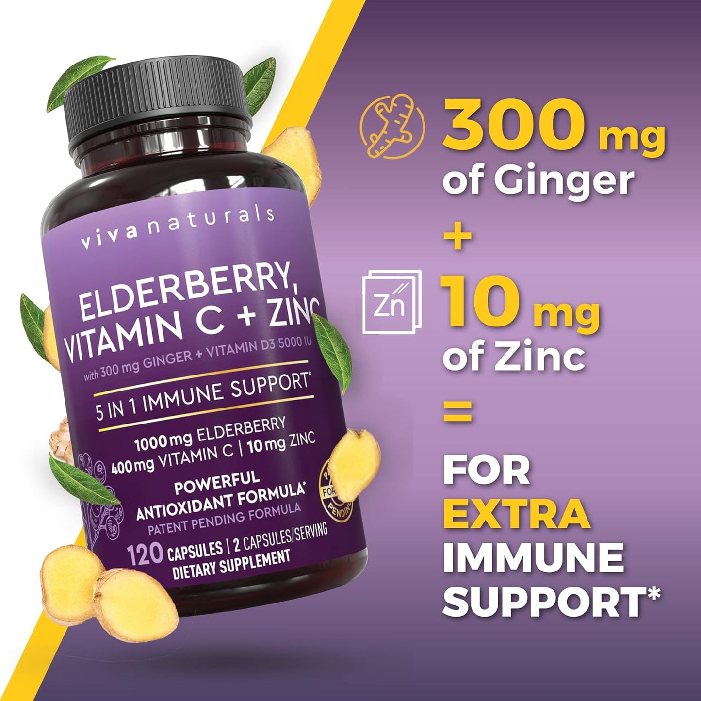 Viva Naturals Elderberry with Vitamin C and Zinc for Adults - 5 in 1 Sambucus Black Elderberry Capsules with Vitamin D3 5000 IU Immunity Supplement, Sambucus Elderberry Immune Support Supplement