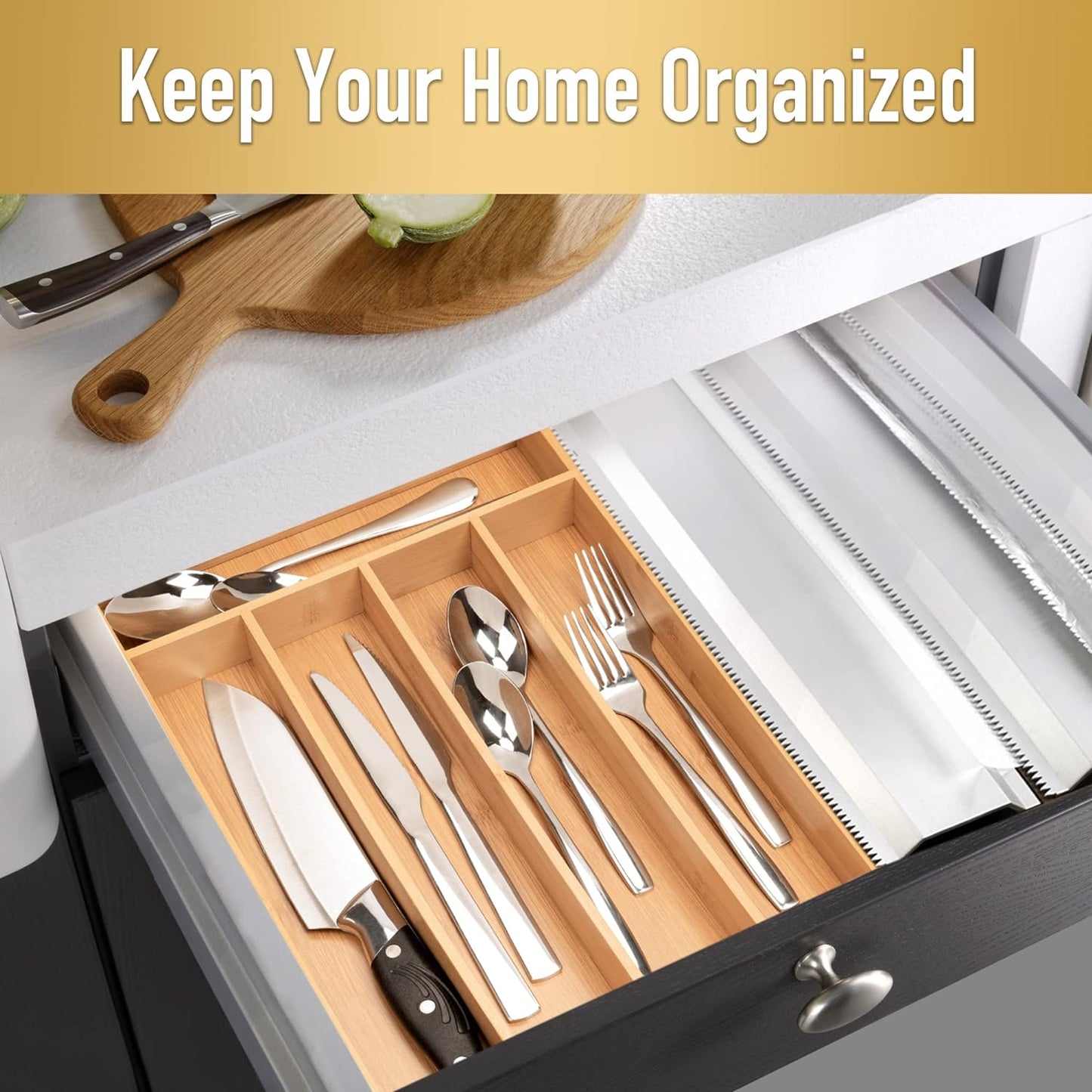 Besilord Silverware Organizer Kitchen Drawer Organizer Utensil Organizer Bamboo Silverware Holder Cutlery Organizer in Drawer Flatware Organizer Tray(5 slots, Natural