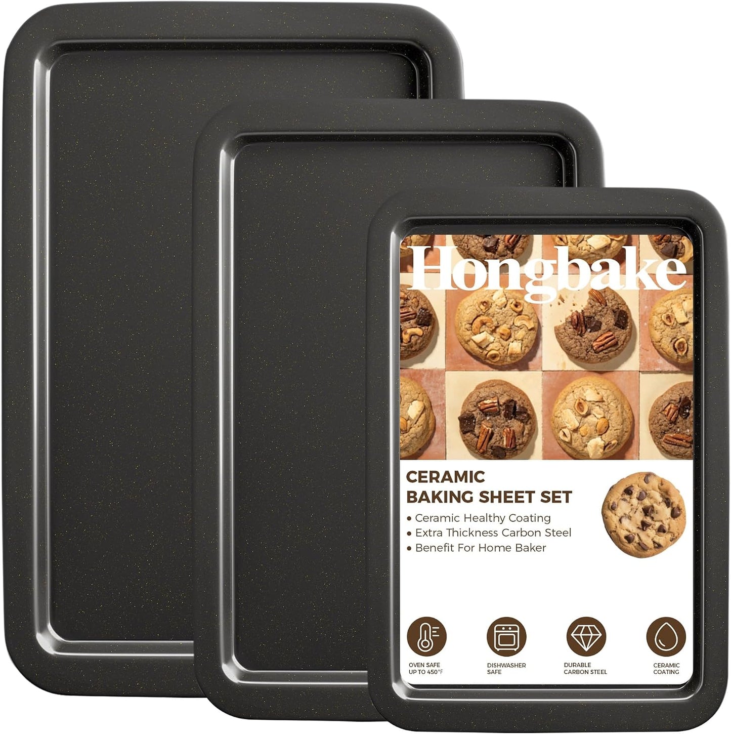 HONGBAKE Ceramic Baking Sheet Pan Set of 3, Easy to Grab, Non-Toxic | Commercial Cookie Sheets for Oven, Nonstick Half/Jelly Roll/Quarter Baking Tray,Wider Gribs, Premium,Easy to Clean- Dark Grey
