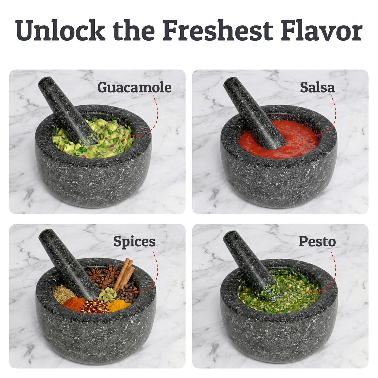 Priority Chef Heavy Duty Large 1.5 Cup Mortar and Pestle Set, 100% Natural Granite, 5.5 Inch Diameter Bowl, 6.2 Inch Pestle, Non-Slip Base, Stone Grinder for Guacamole Salsa Pesto Herbs Spices, Black