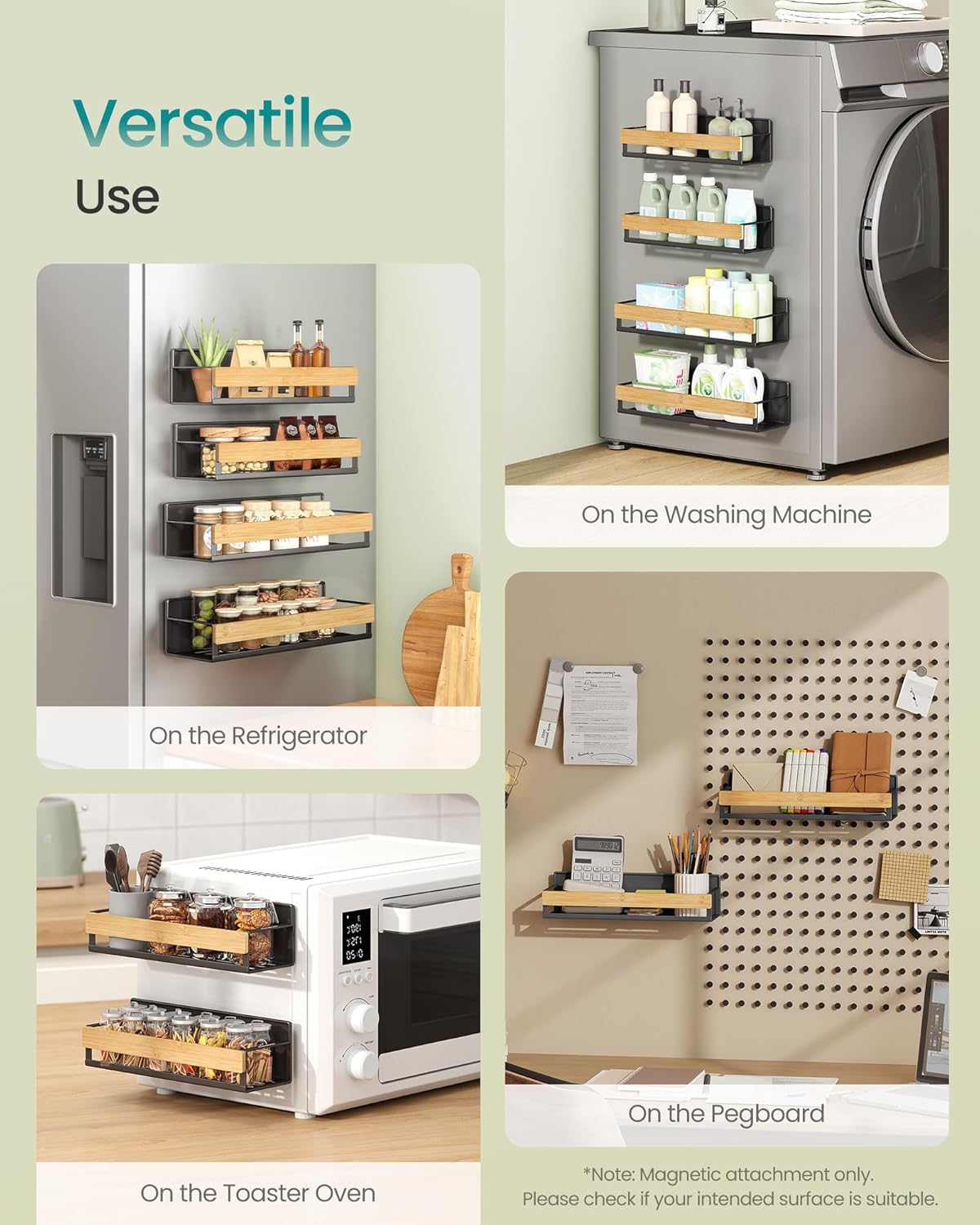 SONGMICS 4-Pack Strong Magnetic Real Bamboo Spice Racks for Fridge | Kitchen Magnetic Shelves for Washing Machine, Spice Organizers, No Drilling Needed, Ink Black UKCS062BH01