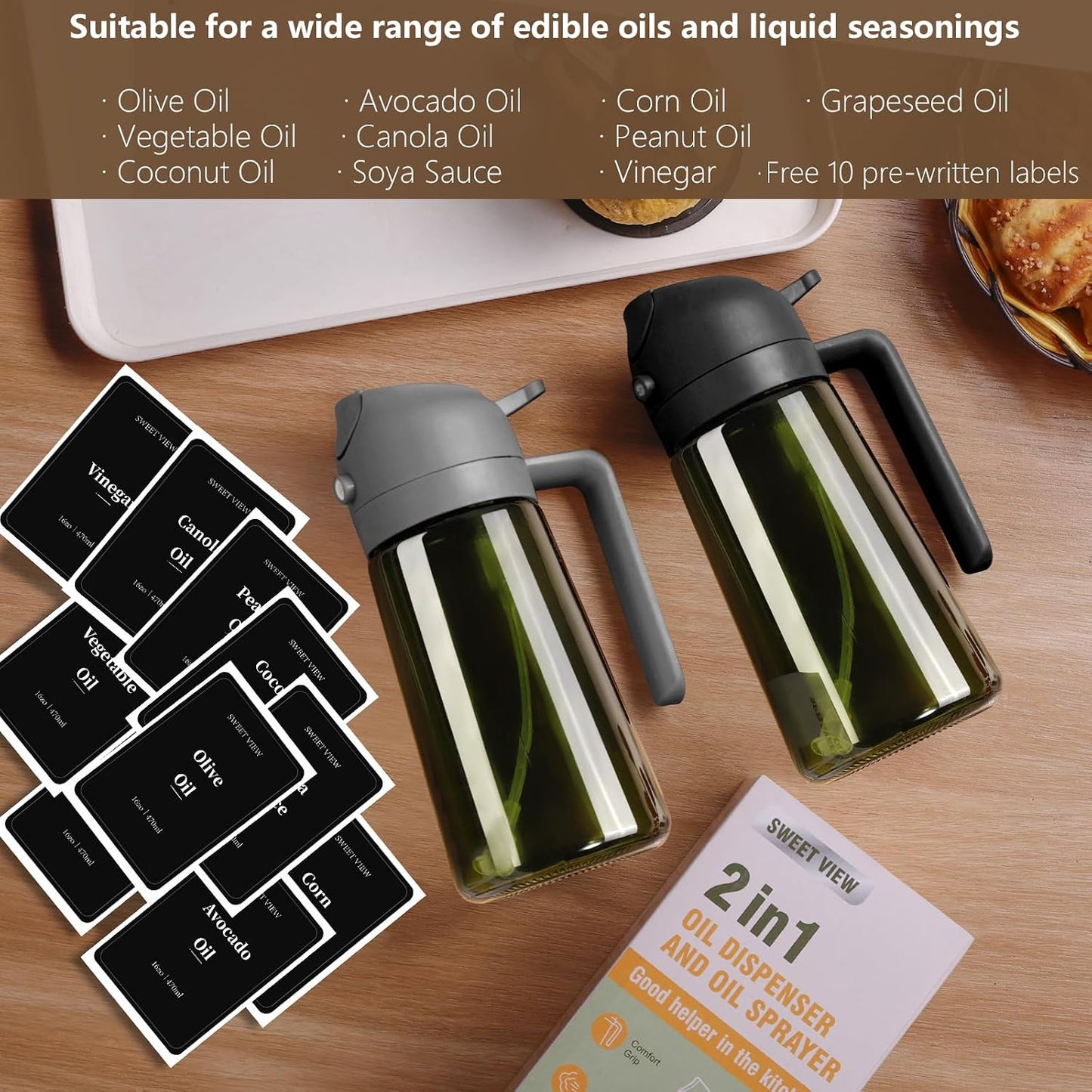SWEET VIEW Olive Oil Sprayer for Cooking 16oz/470ml | Glass Light-Proof Oil Pourer for Kitchen with Stickers for Air Fryer, Cooking, Salad, BBQ with Stickers