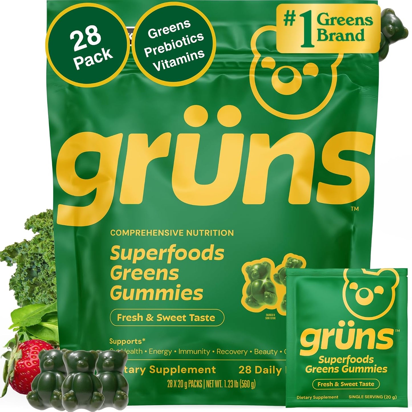 Gruns Adults Super Greens Gummies, Multivitamin Superfood Gummy Bears, Spirulina, Chlorella, Prebiotics & Fiber Gummies for Digestive Health, Adaptogens Supplement, 20 Vitamins & Minerals, 10 Count
