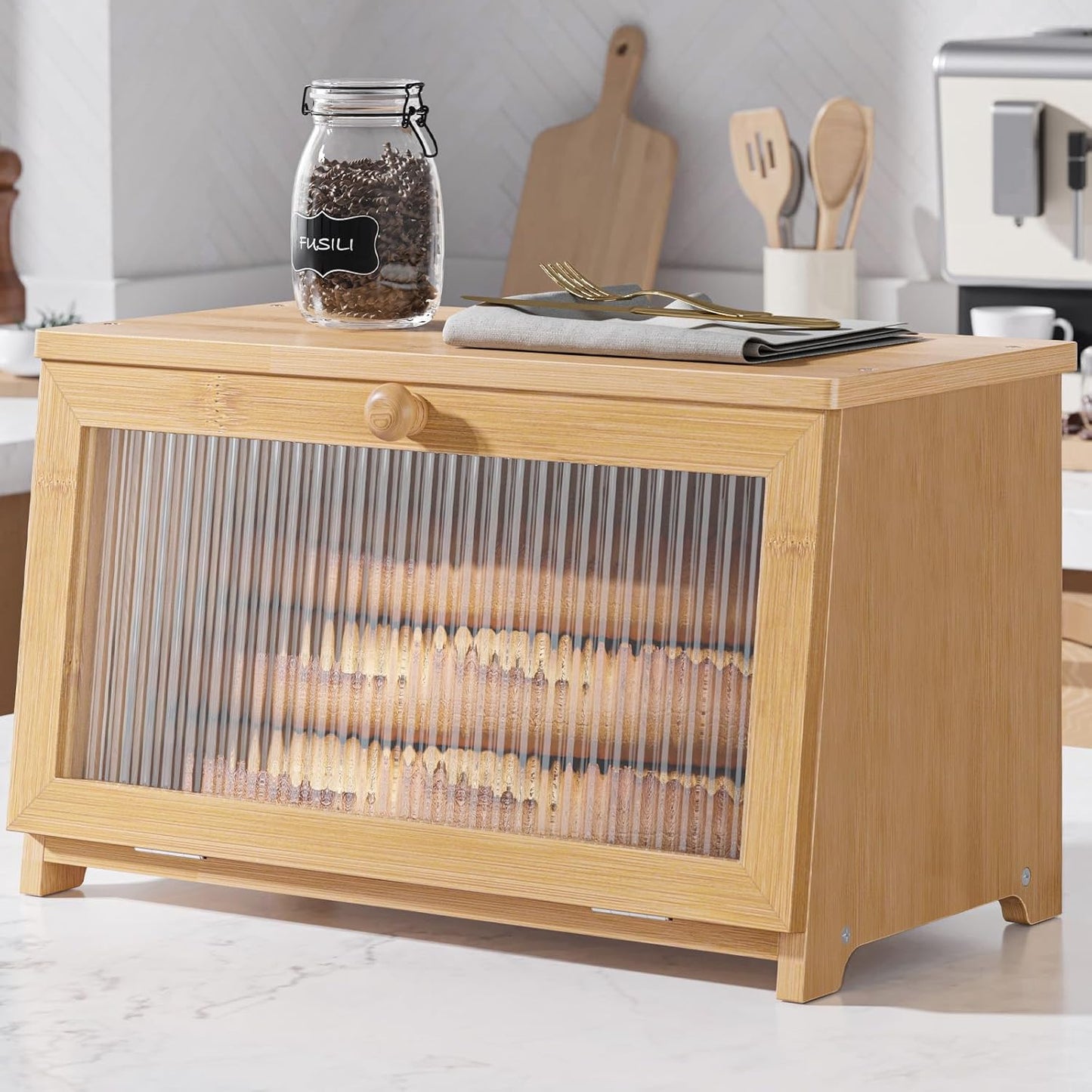 Kitsure Wooden Bread Box for Kitchen Countertop, 1-Tier, Black | Large Capacity Kitchen Countertop Organizer, Stylish Bread Storage with Window, Multi-functional Container