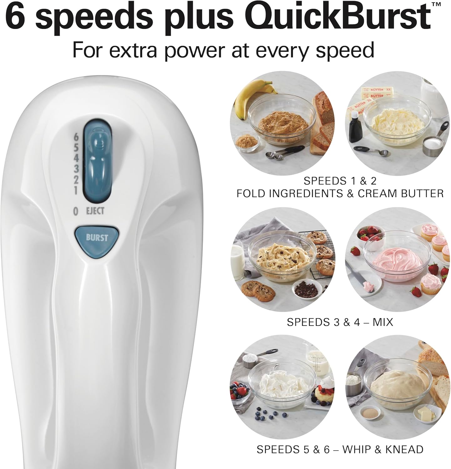 Hamilton Beach 6-Speed Electric Hand Mixer With QuickBurst and Bowl Rest | Powerful 250 Watt Motor | Traditional Beaters | Snap-On Storage Case | White | 62682G