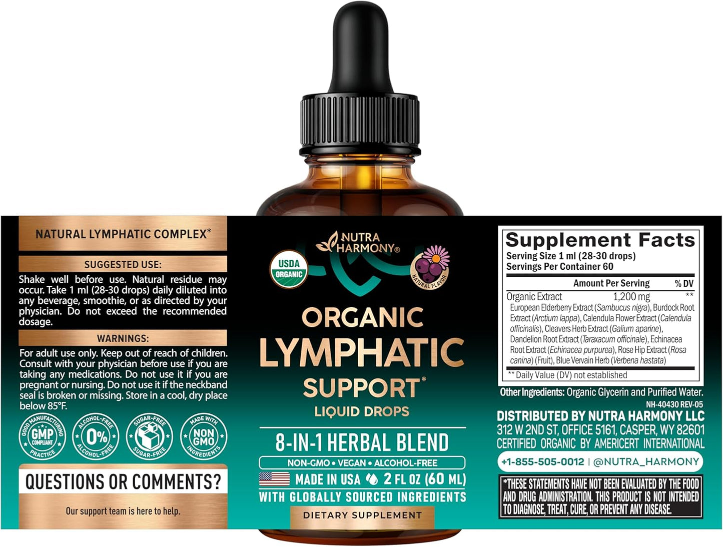 USDA Organic Lymphatic Drainage Supplement - Echinacea | Elderberry | Dandelion | Rosehip | Cleavers | Calendula | Burdock - Lab Tested - Lymph System Drops - Immune Support, Cleanse & Detox, 2 fl oz